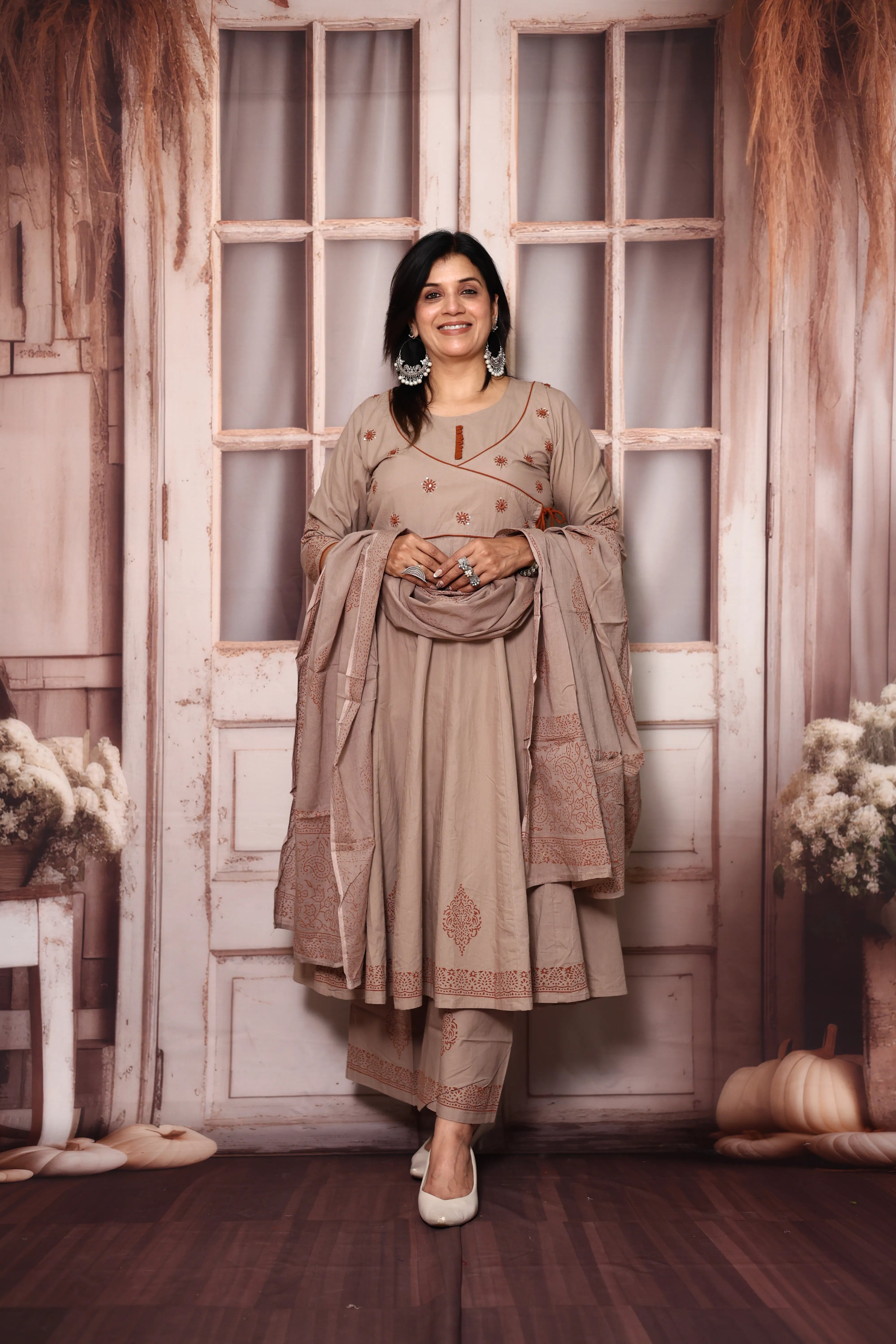 Dusty Beige Angrakha Style Anarkali Kurta Pant Set with Dupatta | Cotton Ethnic Wear
