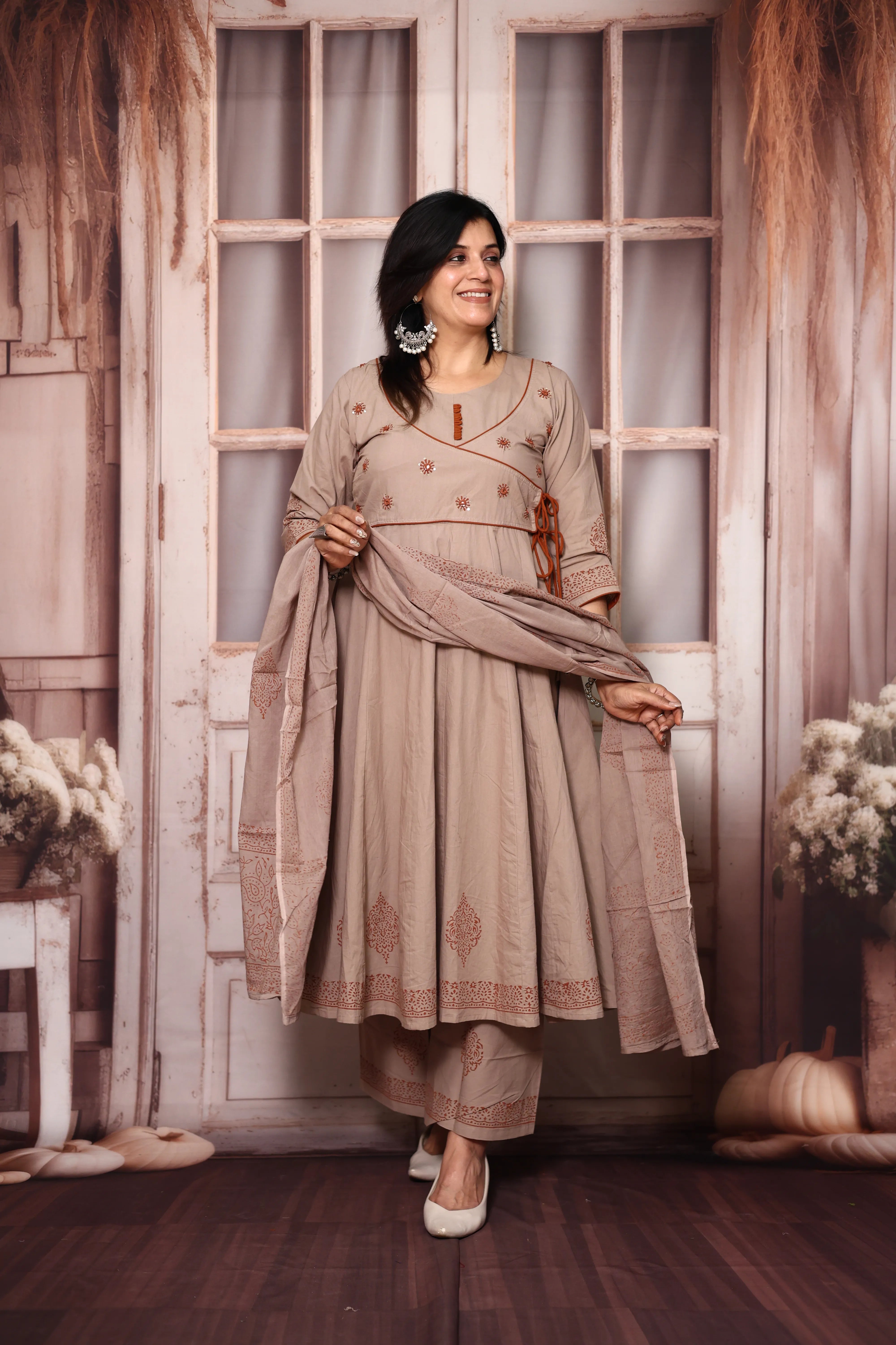 Dusty Beige Angrakha Style Anarkali Kurta Pant Set with Dupatta | Cotton Ethnic Wear