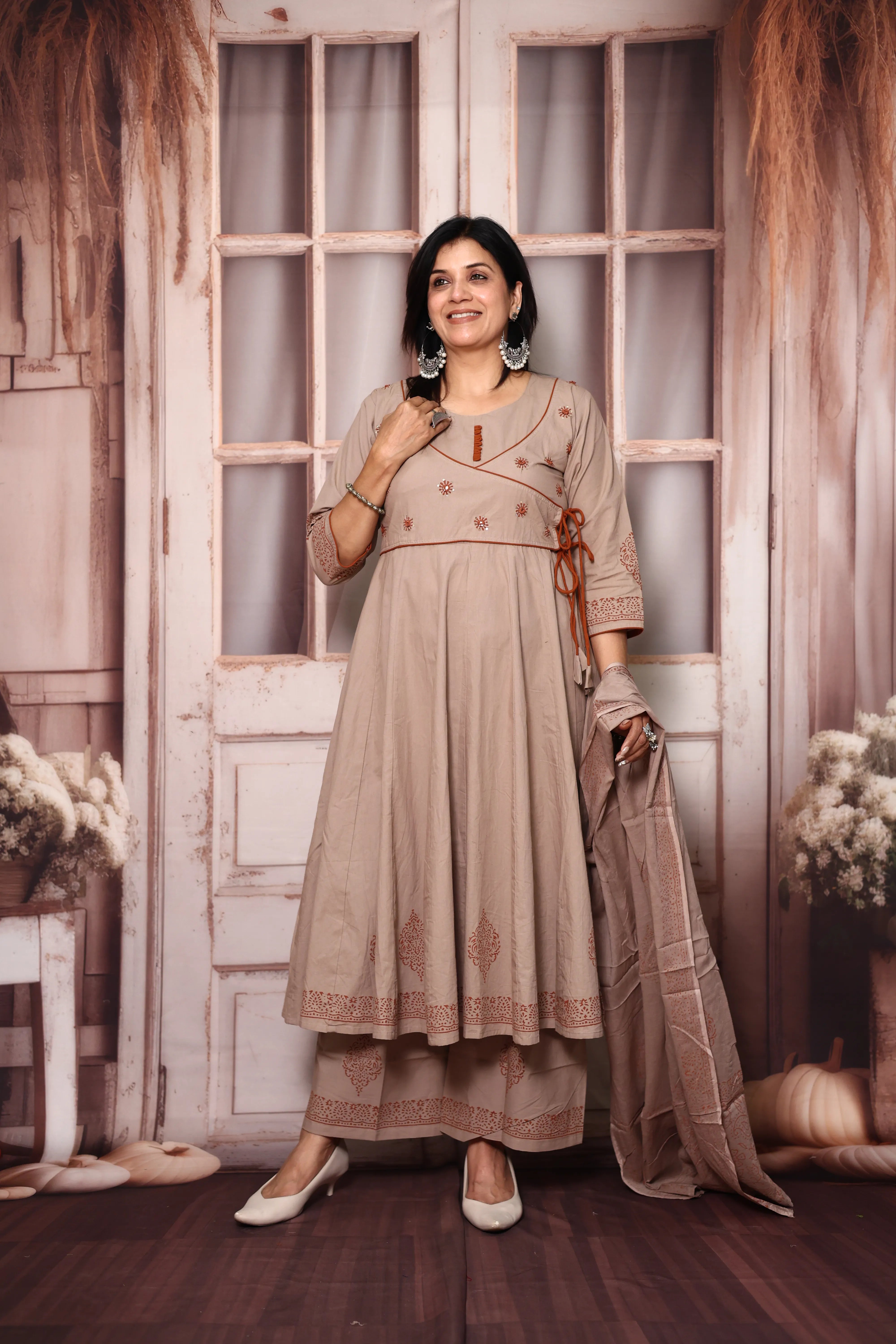 Dusty Beige Angrakha Style Anarkali Kurta Pant Set with Dupatta | Cotton Ethnic Wear