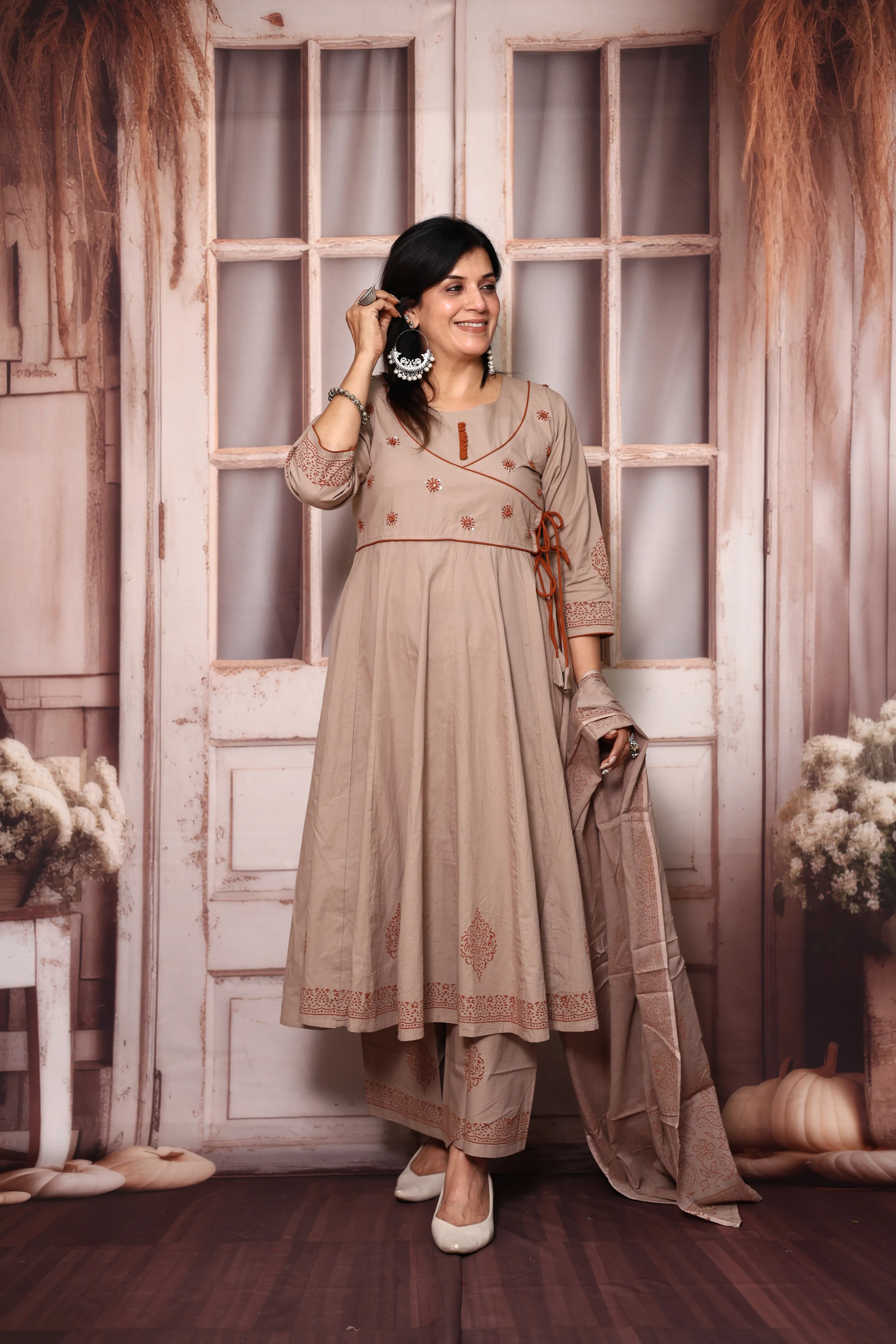 Dusty Beige Angrakha Style Anarkali Kurta Pant Set with Dupatta | Cotton Ethnic Wear
