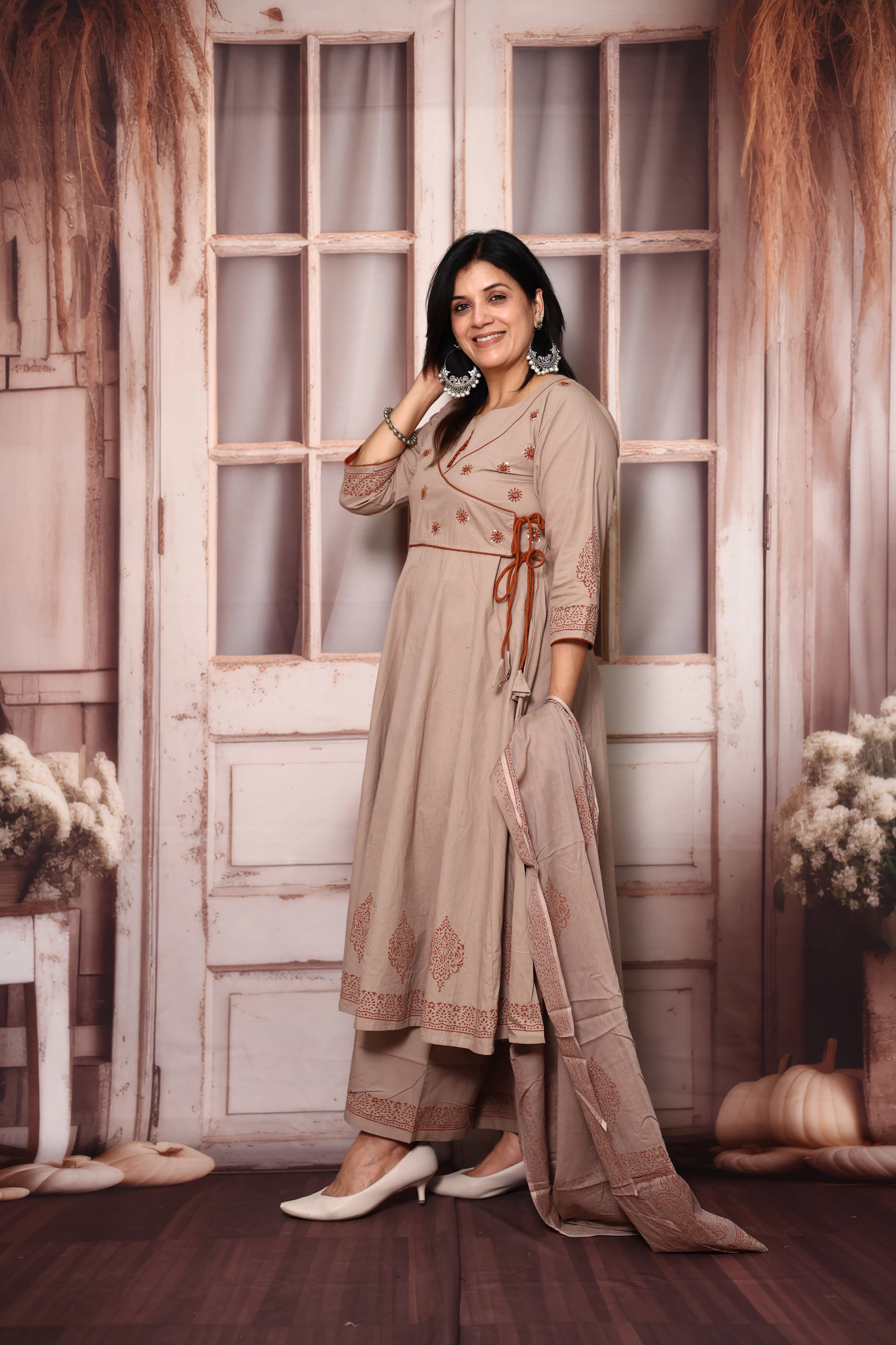 Dusty Beige Angrakha Style Anarkali Kurta Pant Set with Dupatta | Cotton Ethnic Wear