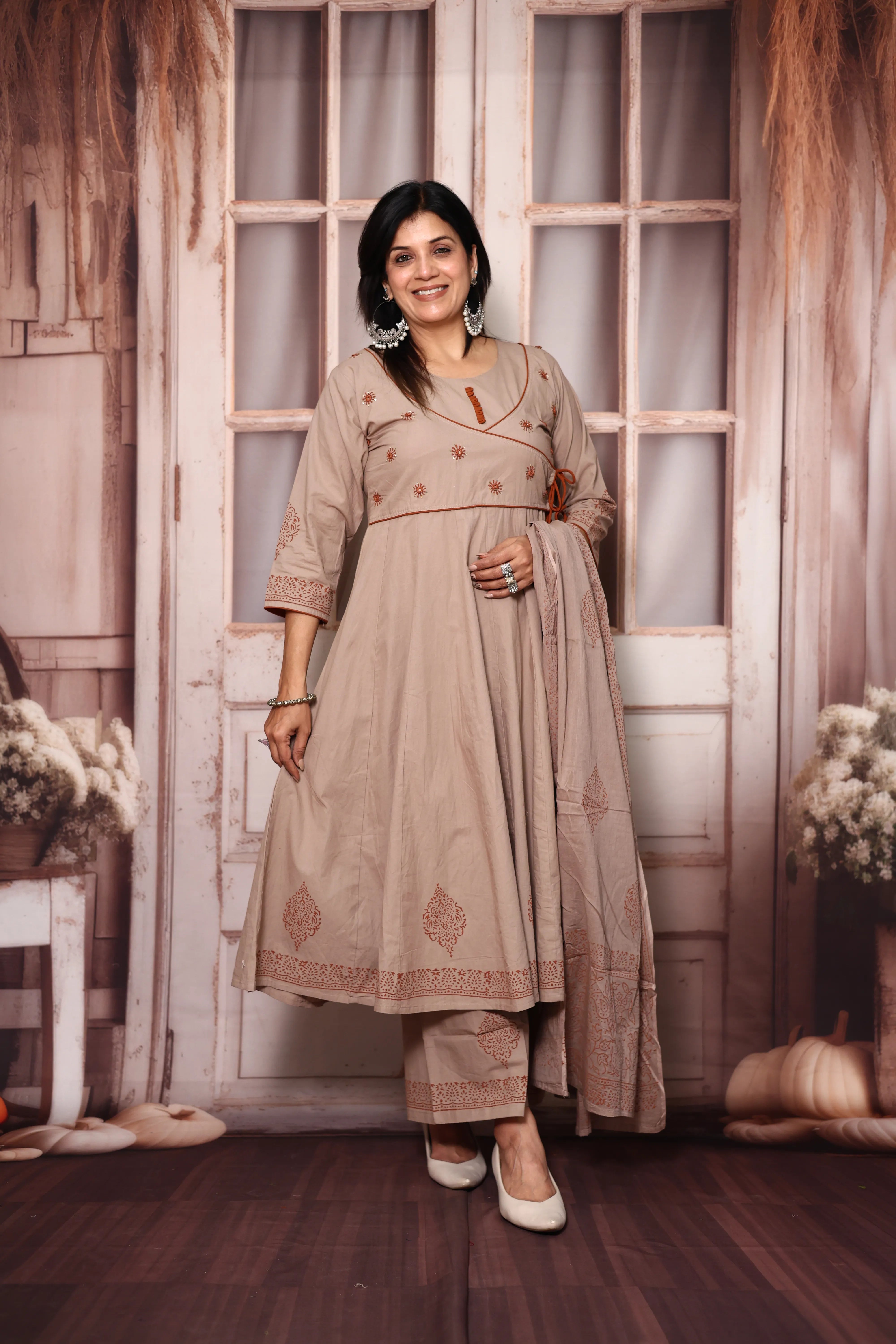Dusty Beige Angrakha Style Anarkali Kurta Pant Set with Dupatta | Cotton Ethnic Wear