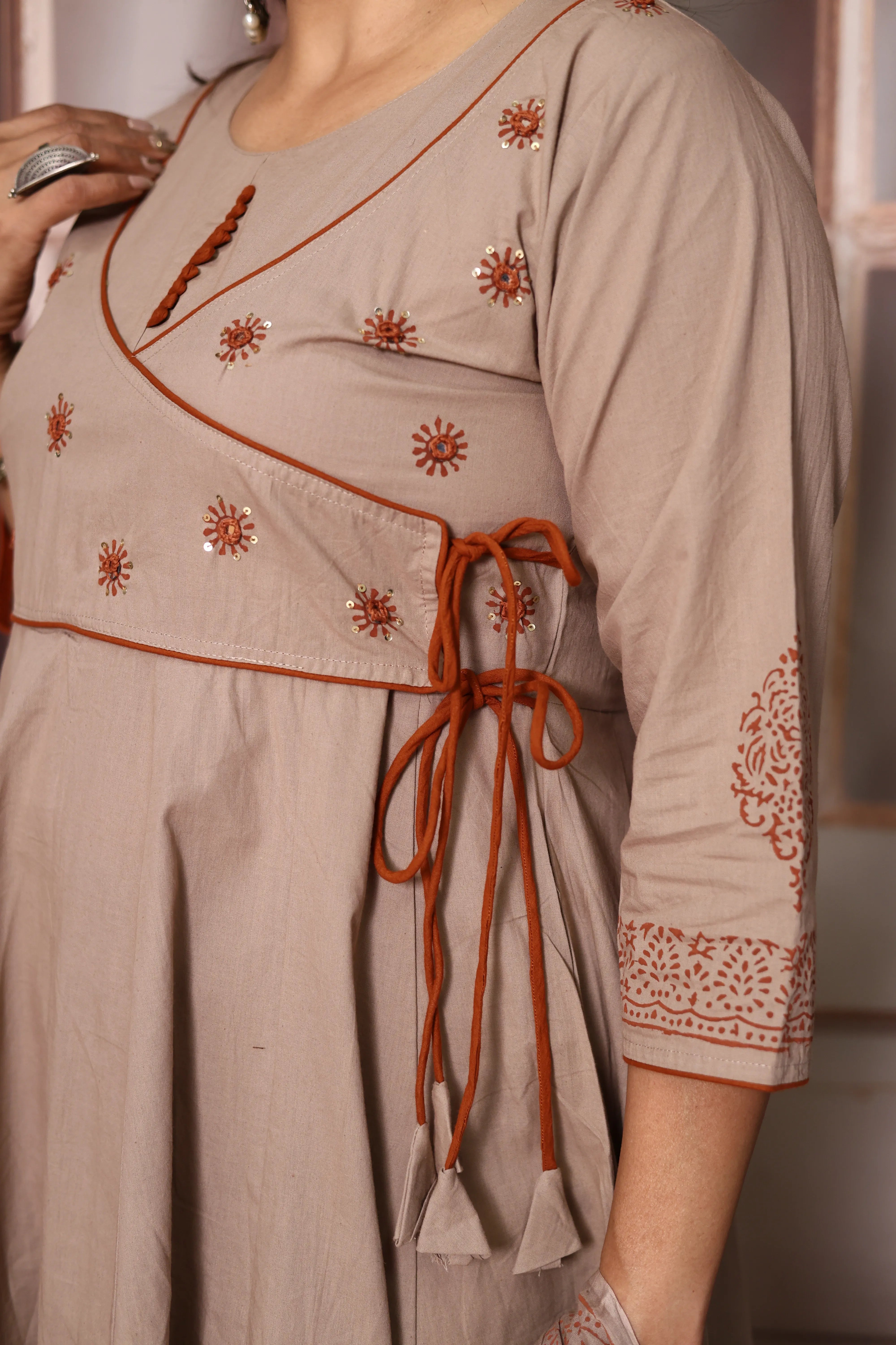 Dusty Beige Angrakha Style Anarkali Kurta Pant Set with Dupatta | Cotton Ethnic Wear