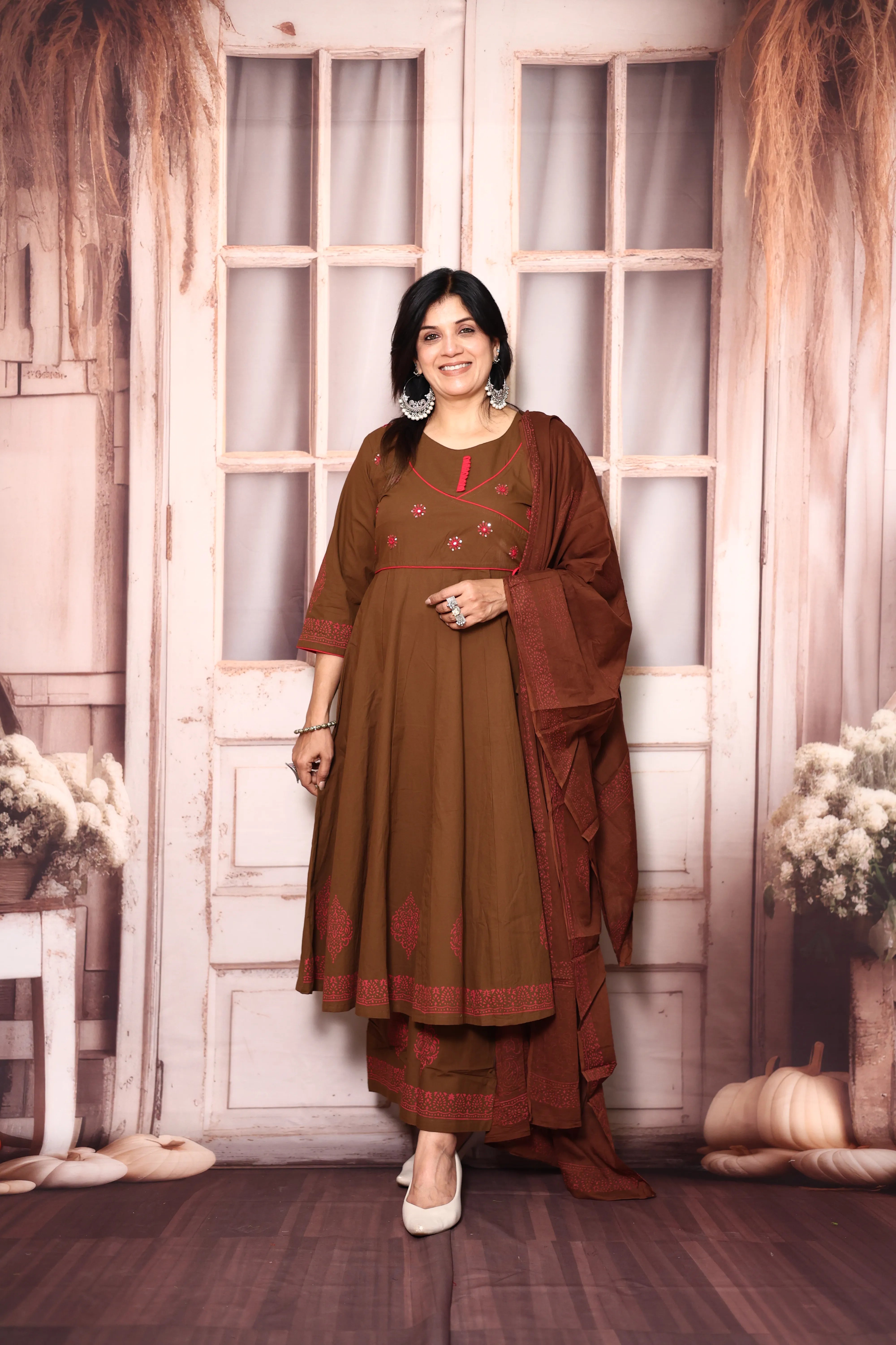 Brown Angrakha Style Anarkali Kurta Pant Set with Dupatta | Cotton Ethnic Wear