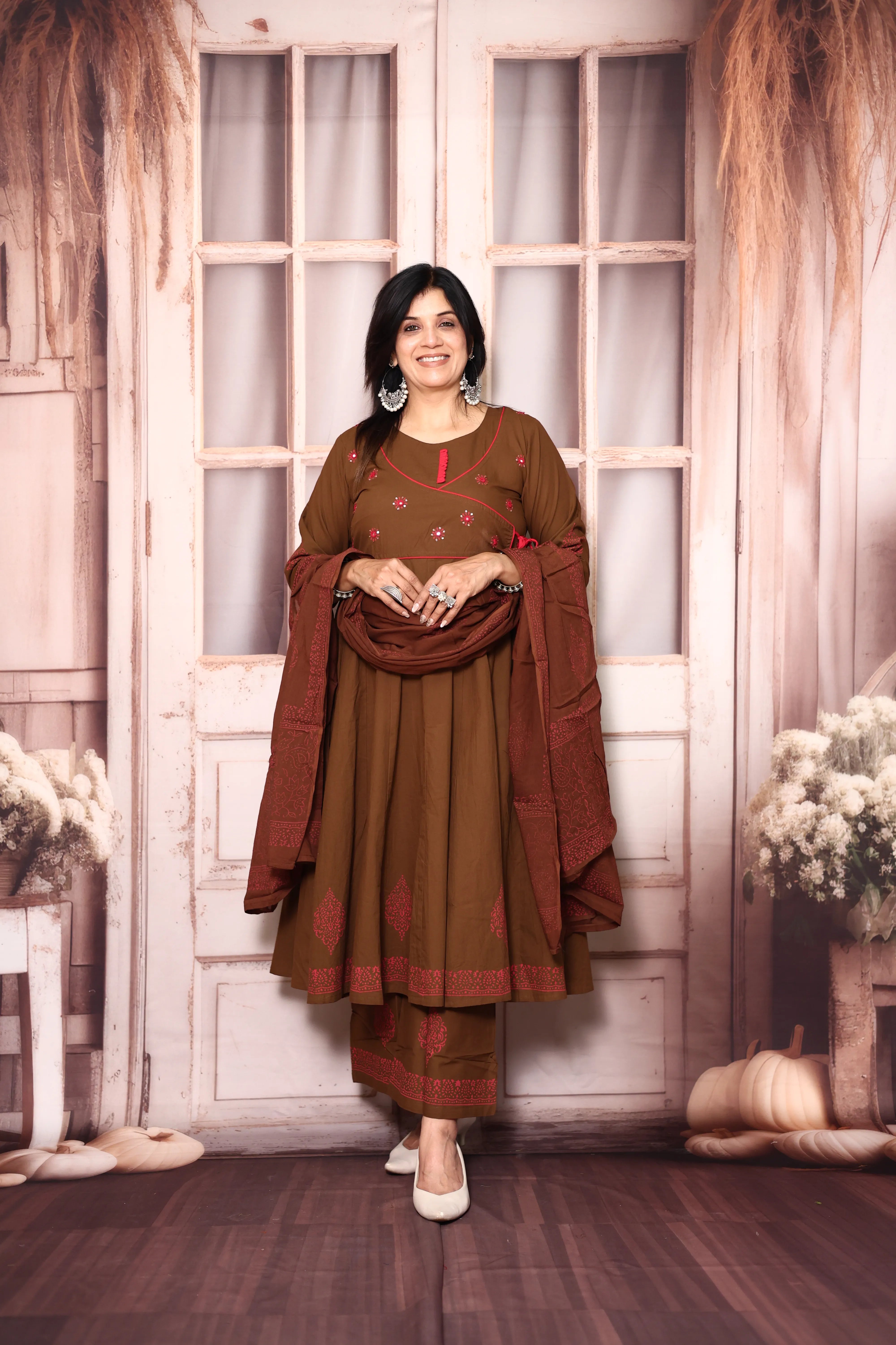 Brown Angrakha Style Anarkali Kurta Pant Set with Dupatta | Cotton Ethnic Wear