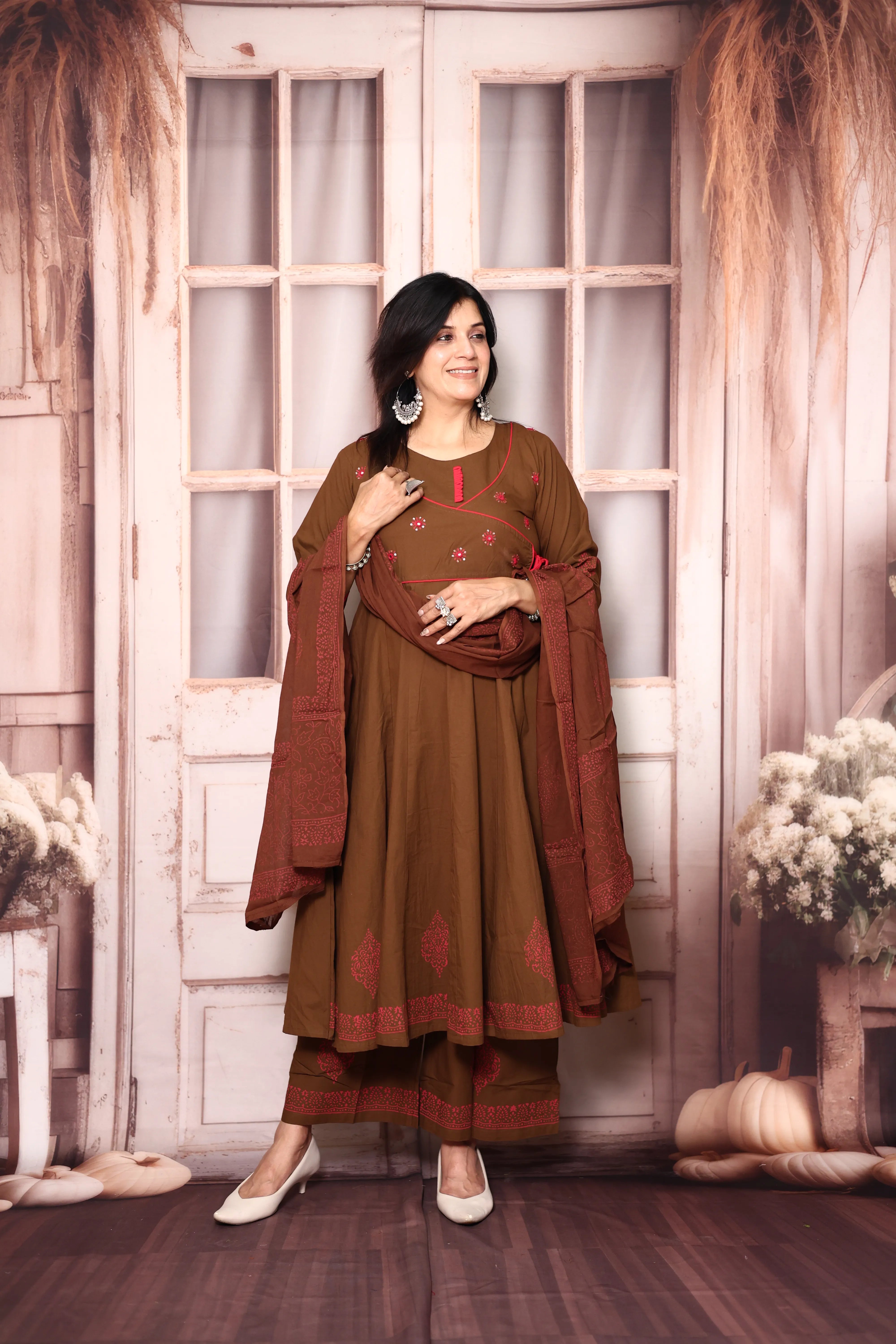Brown Angrakha Style Anarkali Kurta Pant Set with Dupatta | Cotton Ethnic Wear