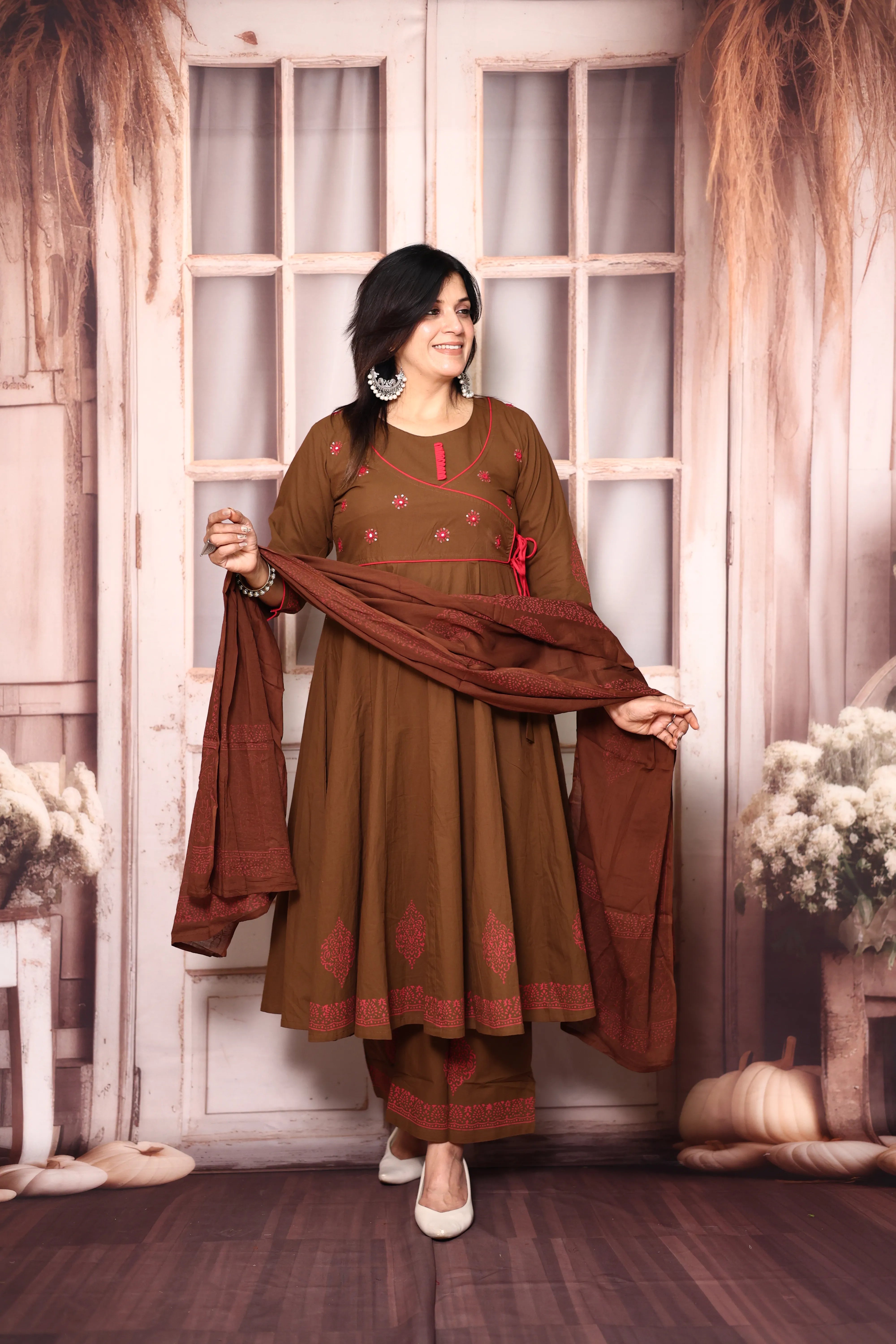 Brown Angrakha Style Anarkali Kurta Pant Set with Dupatta | Cotton Ethnic Wear