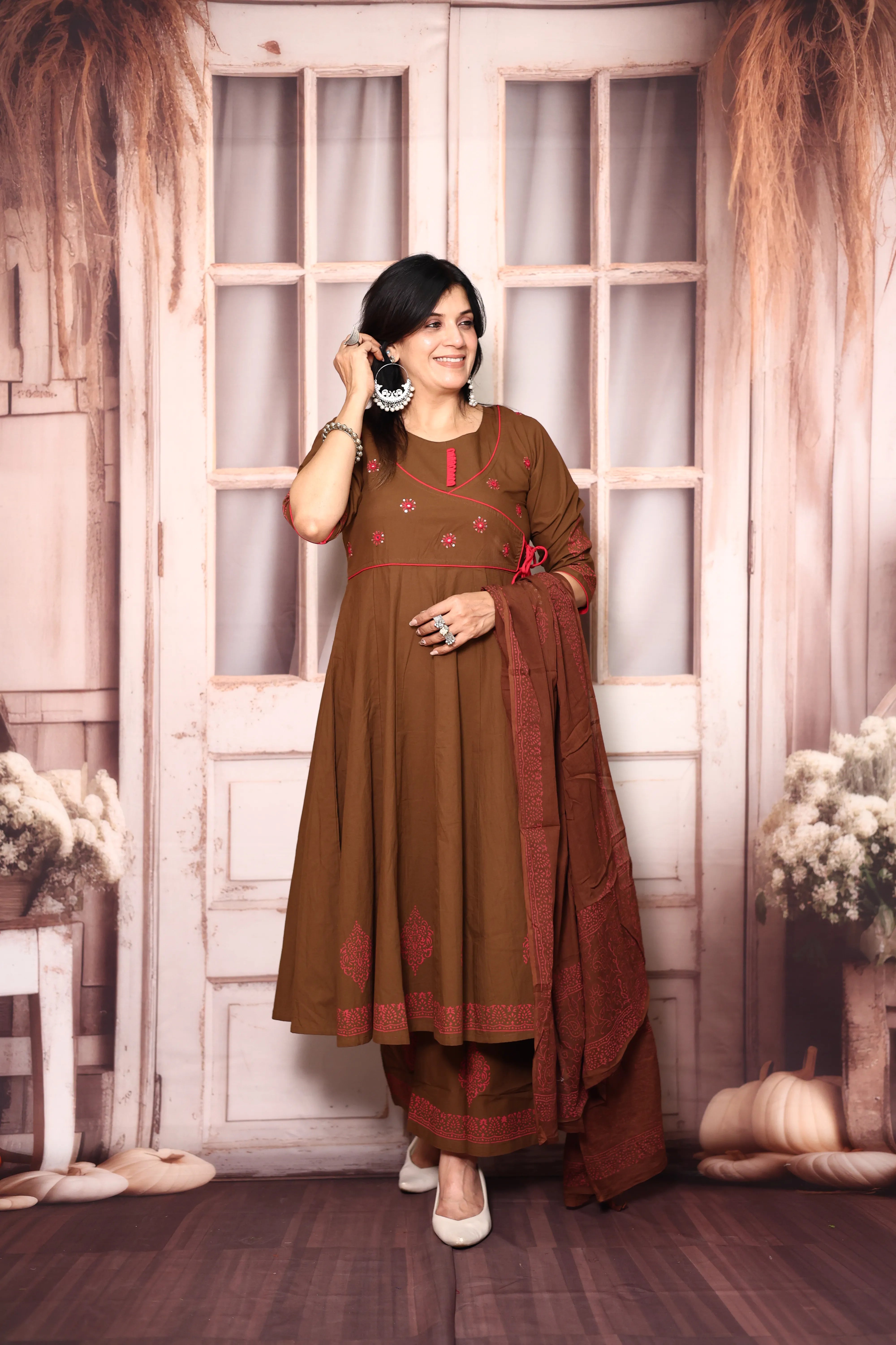 Brown Angrakha Style Anarkali Kurta Pant Set with Dupatta | Cotton Ethnic Wear