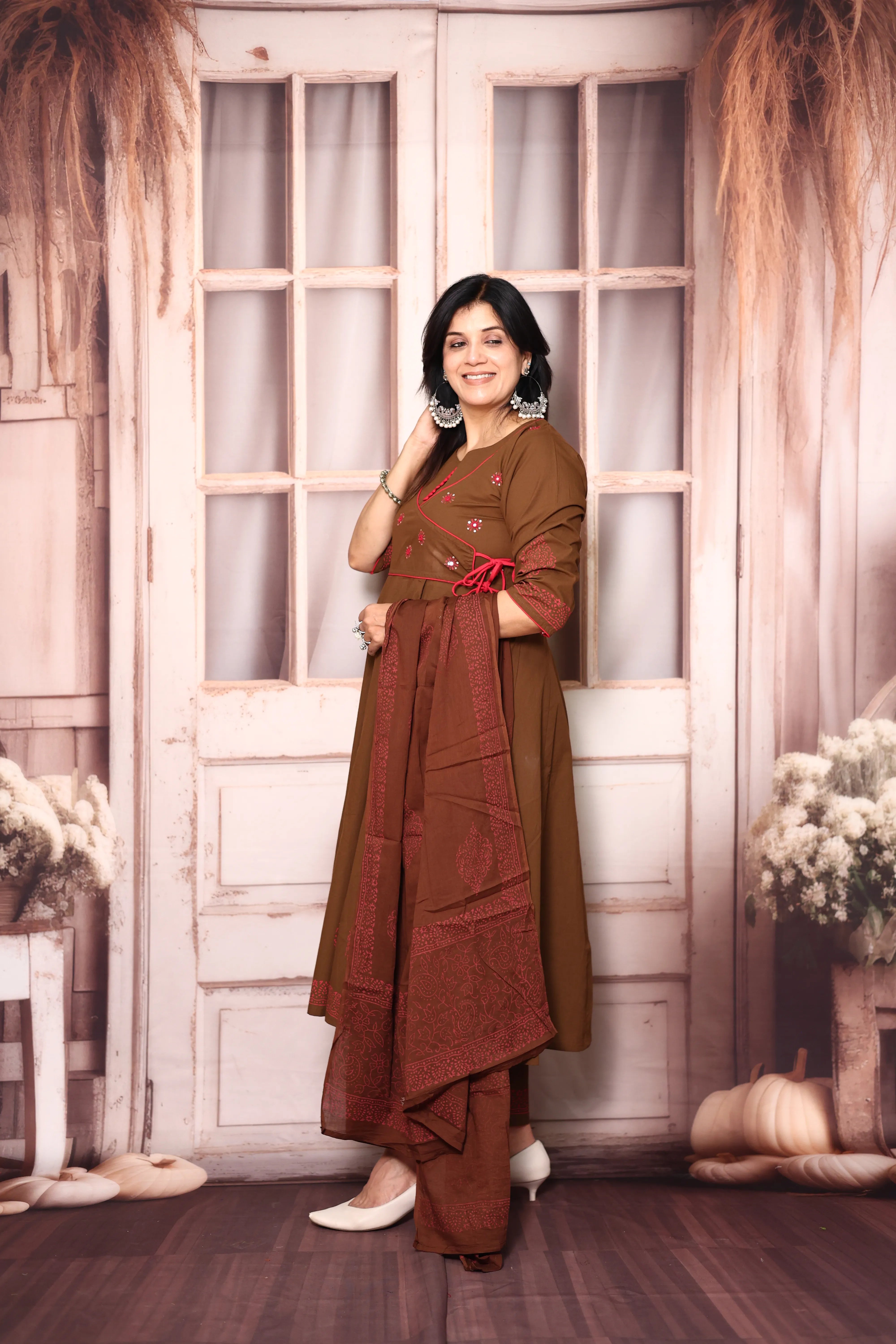 Brown Angrakha Style Anarkali Kurta Pant Set with Dupatta | Cotton Ethnic Wear