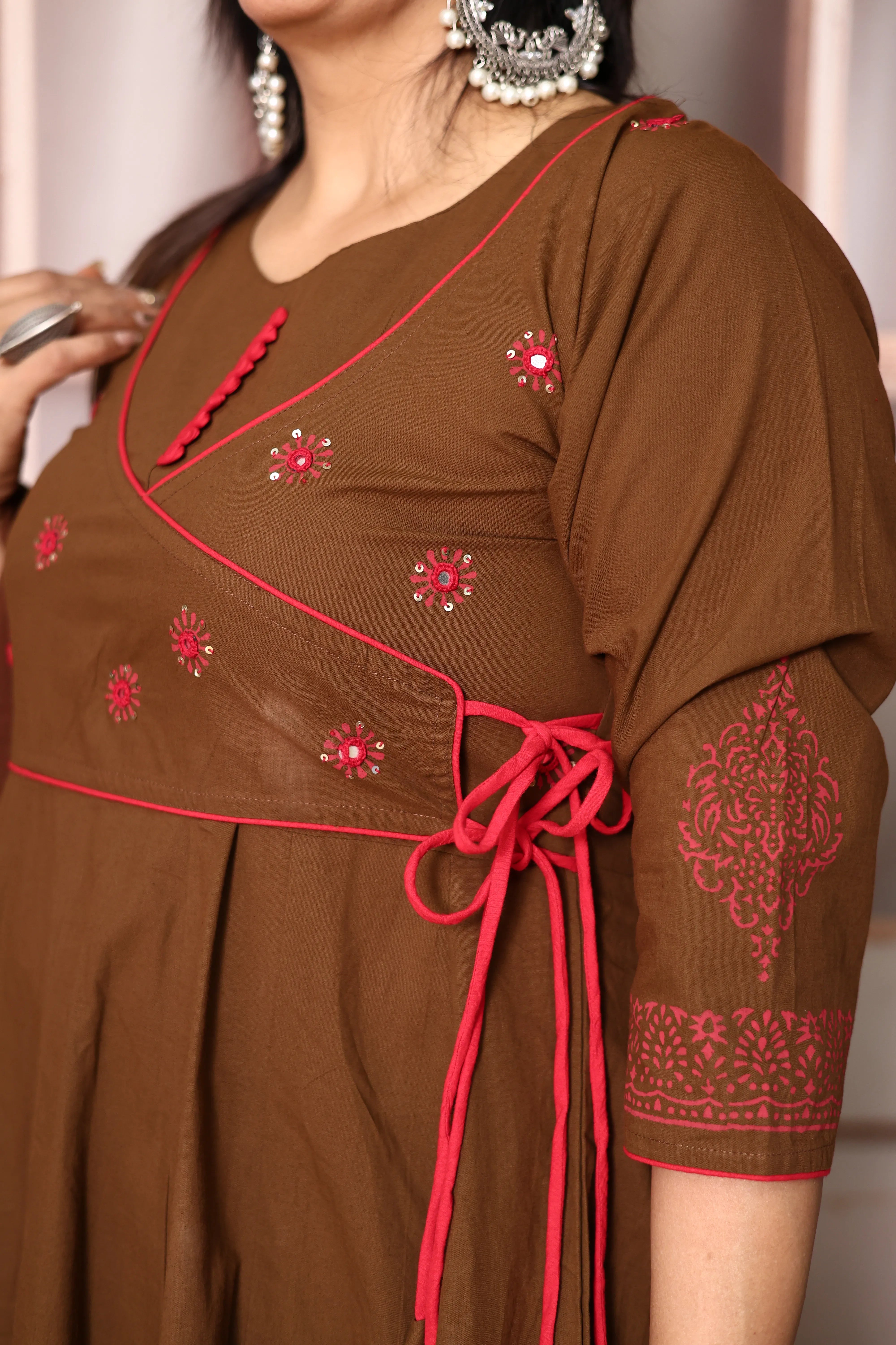 Brown Angrakha Style Anarkali Kurta Pant Set with Dupatta | Cotton Ethnic Wear