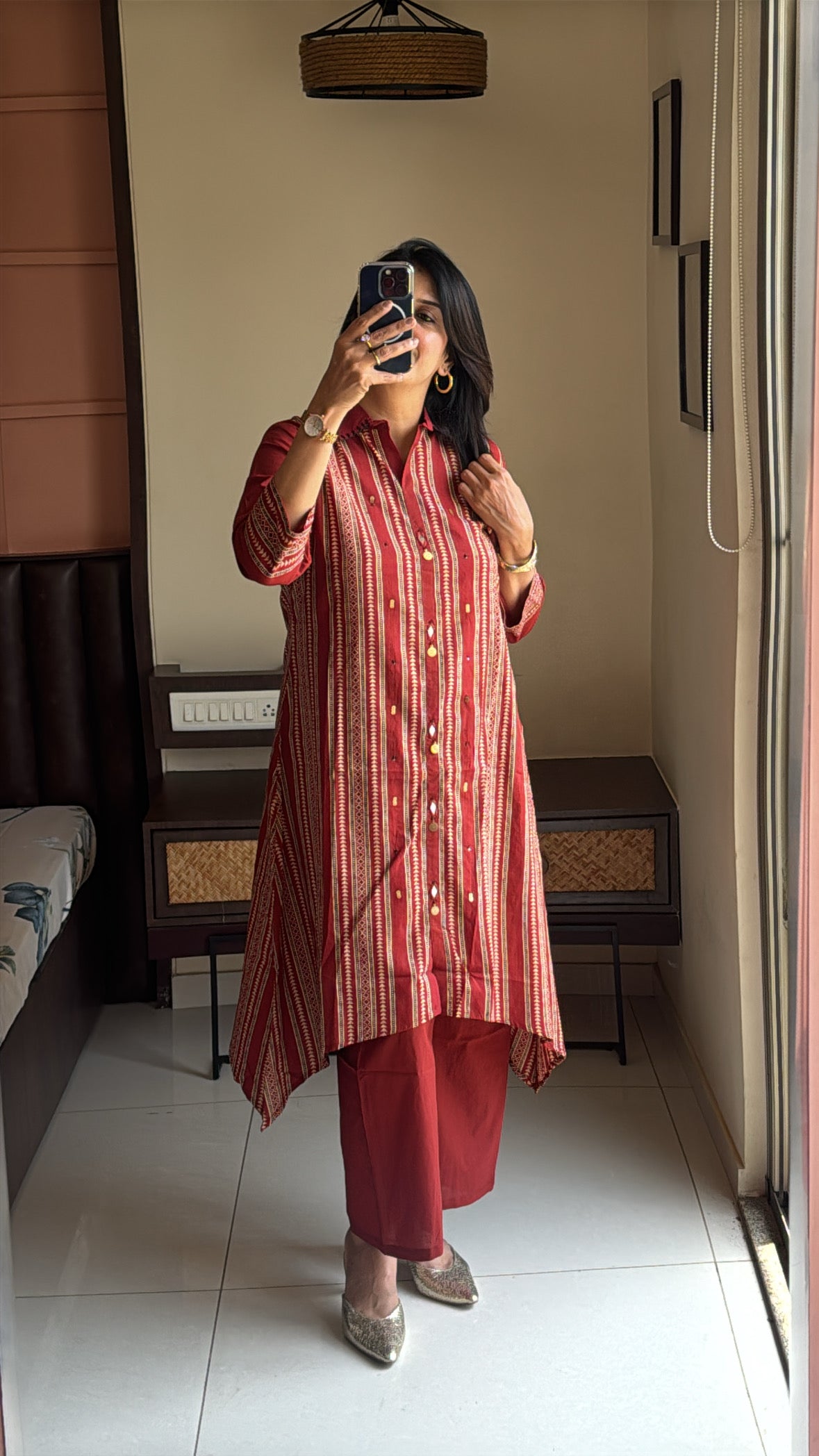 Reddish Maroon Collared Kurti with Palazzo Set | Pearl Work & Kalamkari Block Print | Soft Cotton