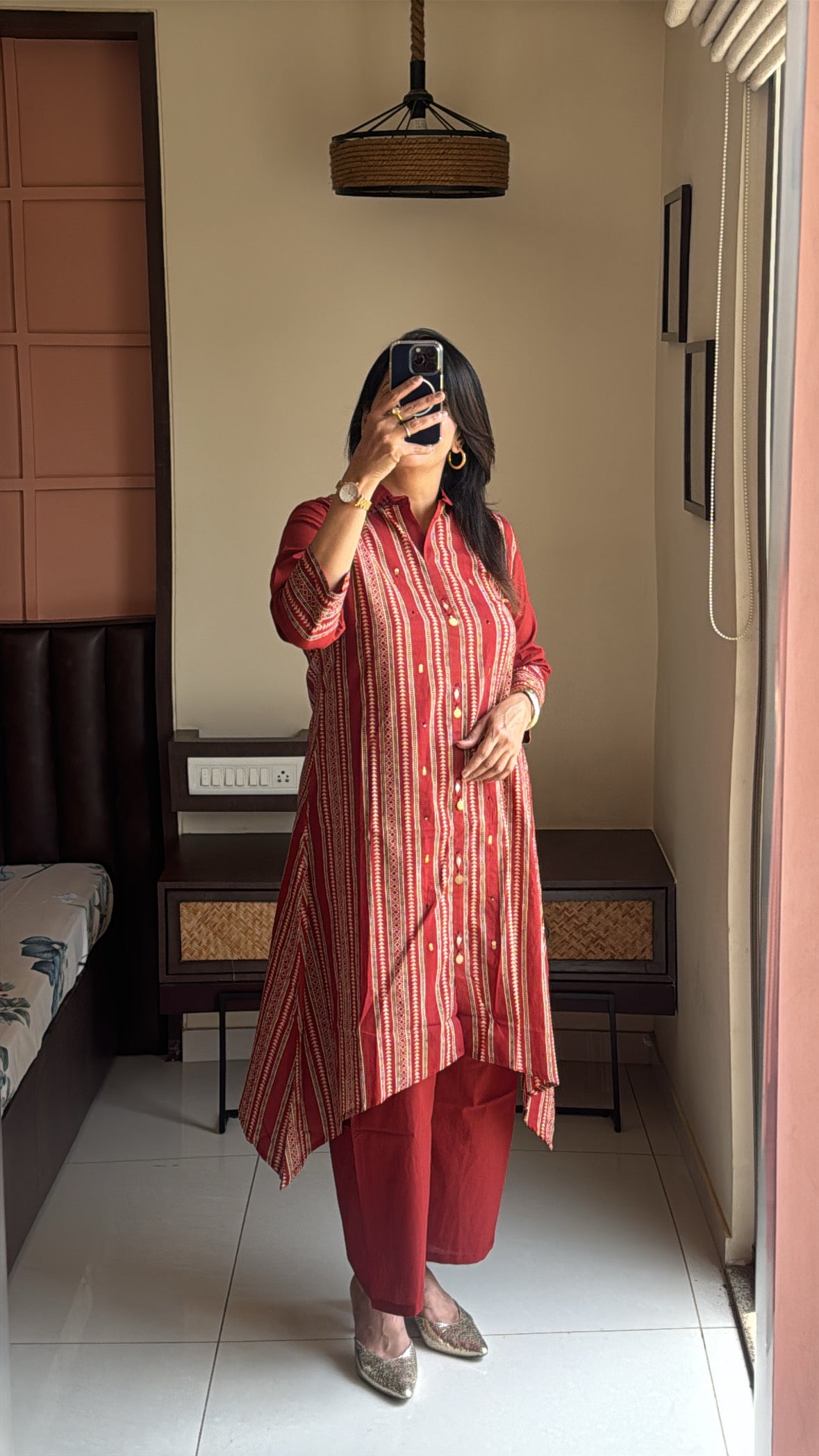 Reddish Maroon Collared Kurti with Palazzo Set | Pearl Work & Kalamkari Block Print | Soft Cotton
