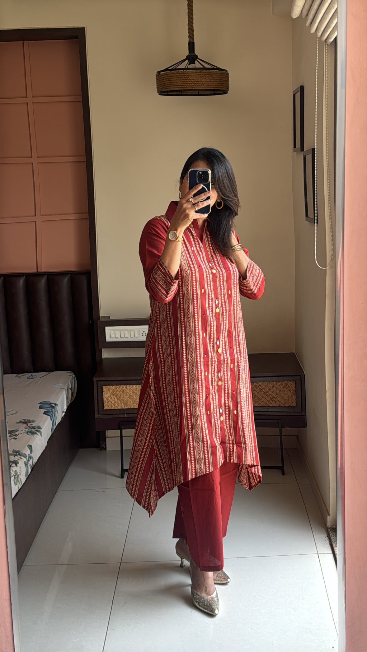 Reddish Maroon Collared Kurti with Palazzo Set | Pearl Work & Kalamkari Block Print | Soft Cotton