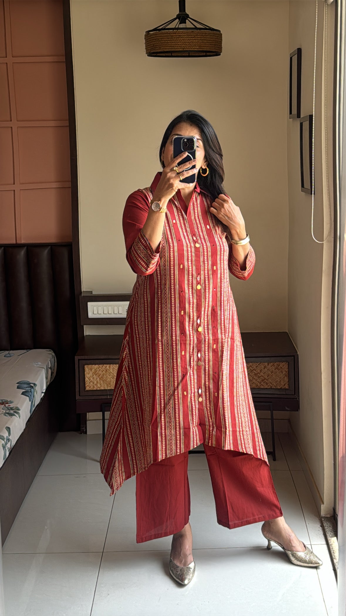 Reddish Maroon Collared Kurti with Palazzo Set | Pearl Work & Kalamkari Block Print | Soft Cotton