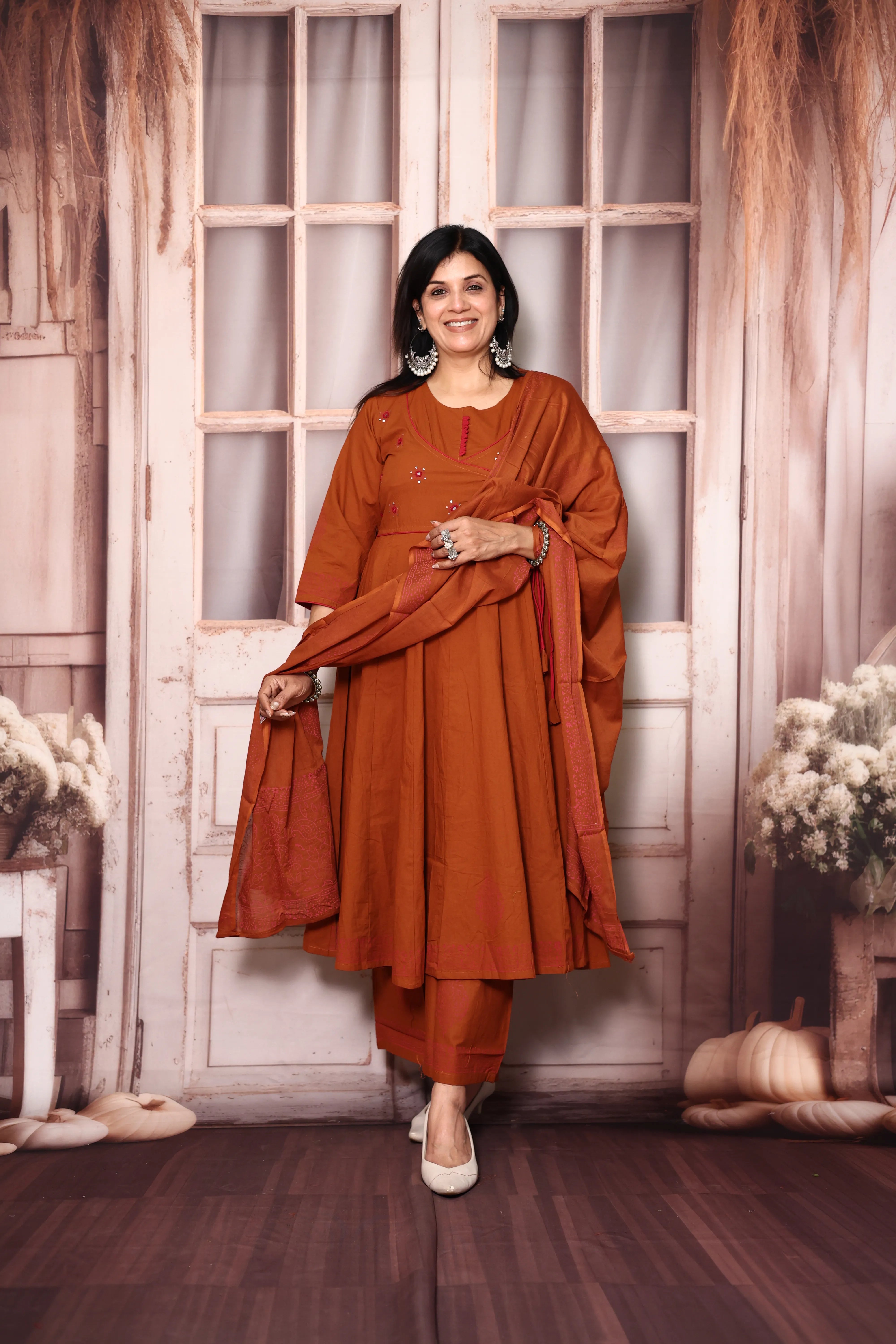 Rust Angrakha Style Anarkali Kurta Pant Set with Dupatta | Cotton Ethnic Wear