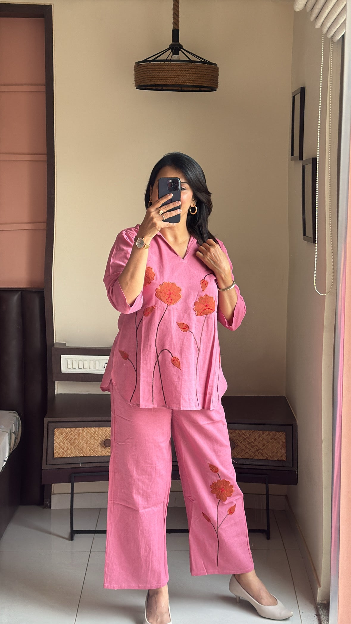 Pink Collared Top with Palazzo Co-ord Set | Floral Applique Work | Cotton Flex