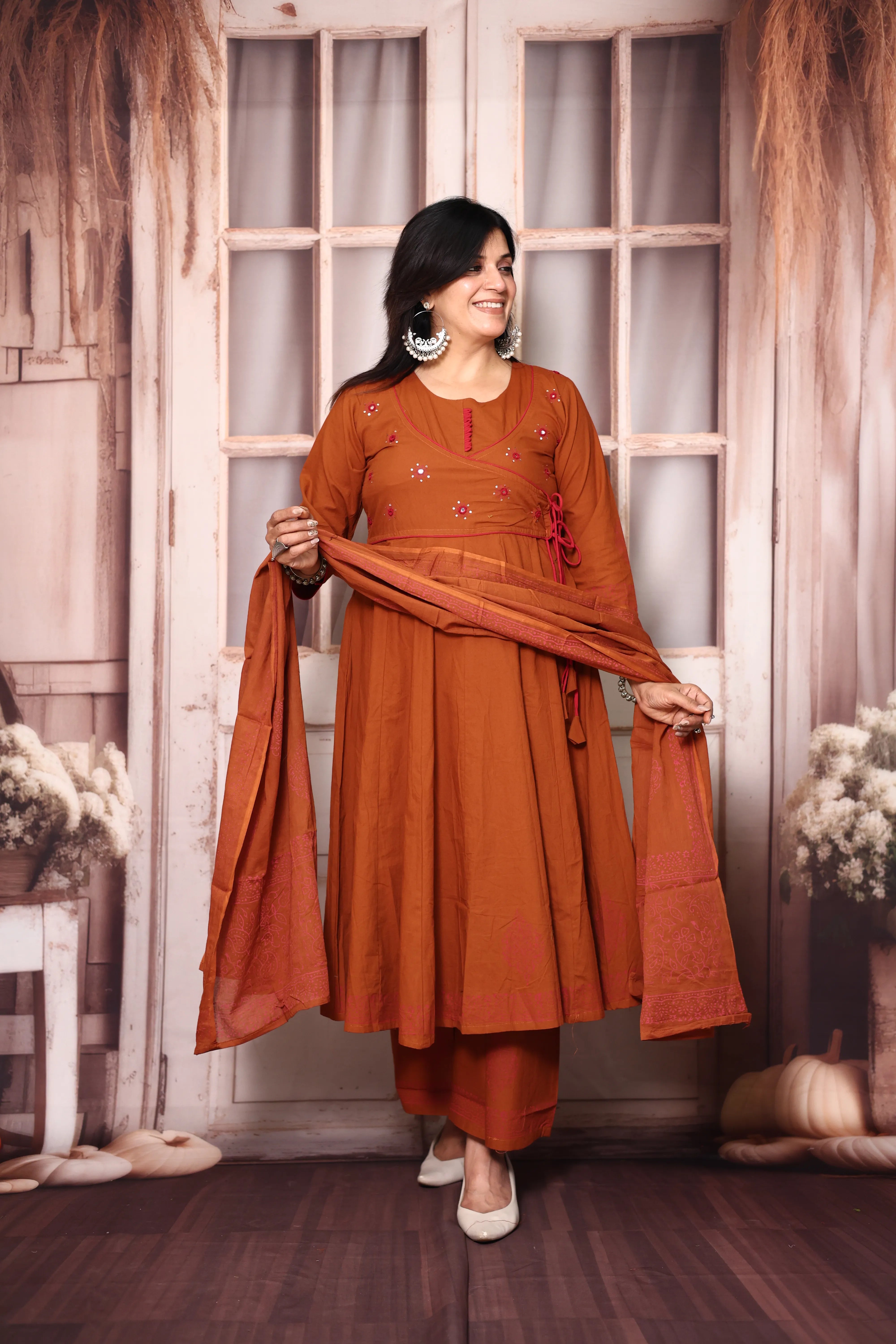 Rust Angrakha Style Anarkali Kurta Pant Set with Dupatta | Cotton Ethnic Wear