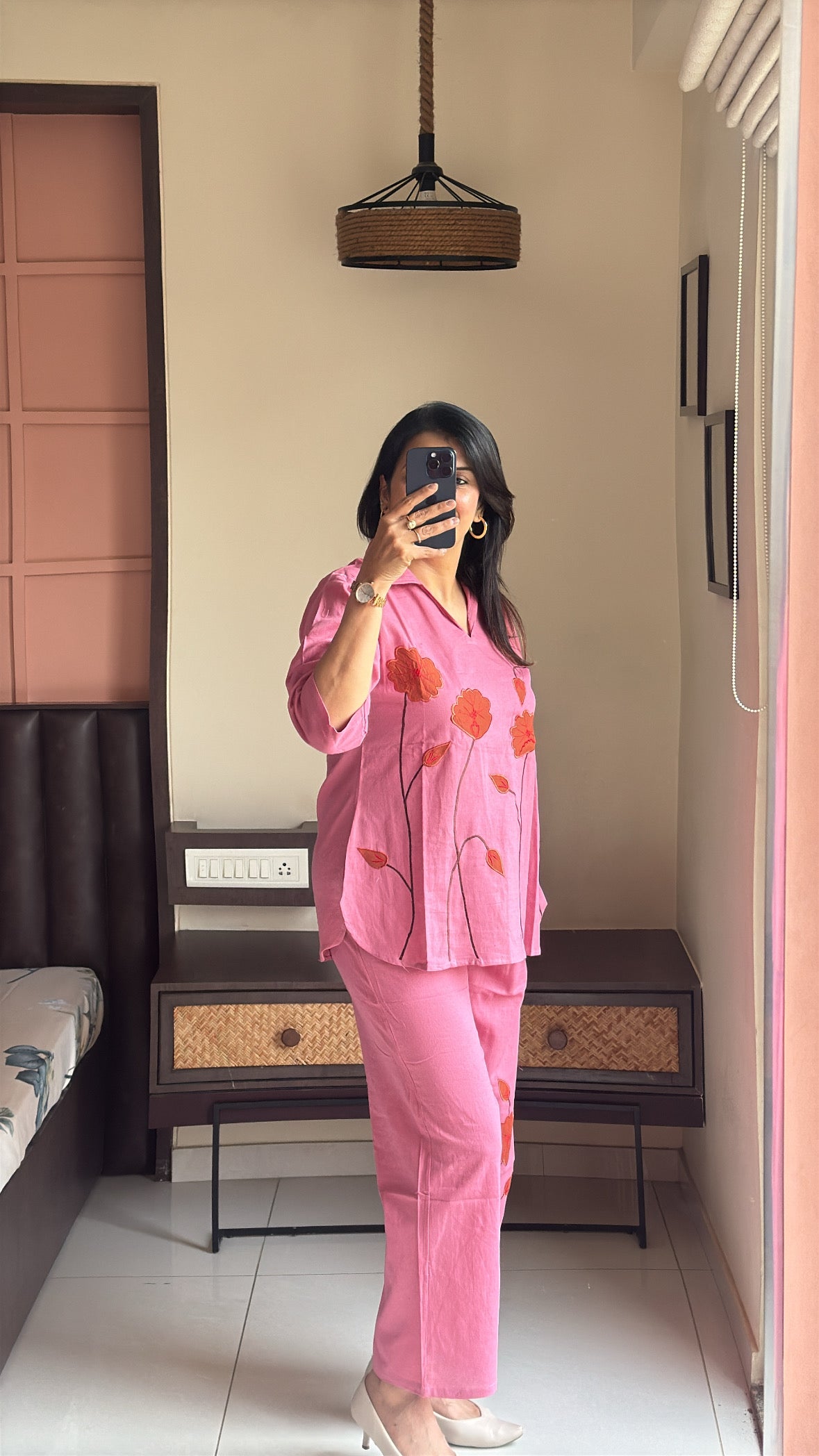 Pink Collared Top with Palazzo Co-ord Set | Floral Applique Work | Cotton Flex