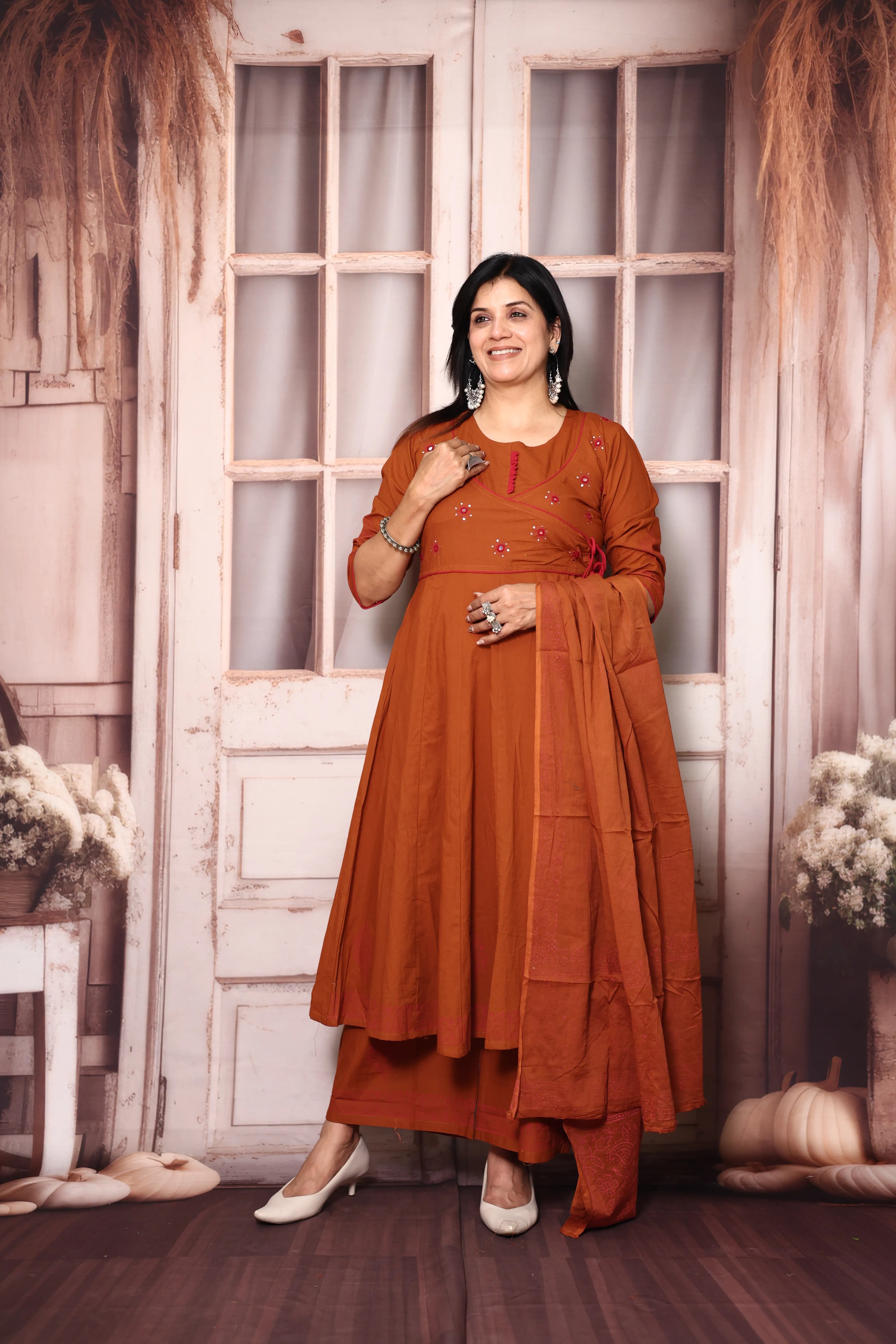Rust Angrakha Style Anarkali Kurta Pant Set with Dupatta | Cotton Ethnic Wear