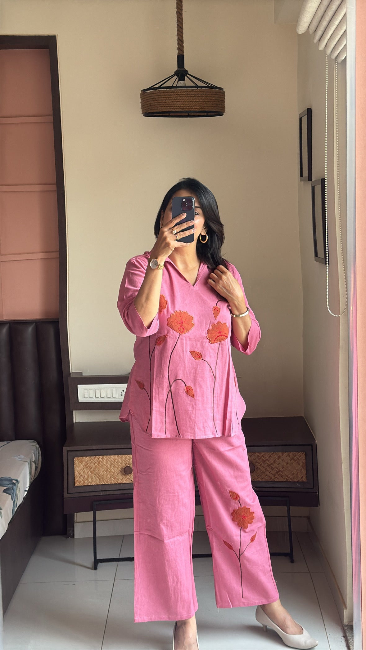Pink Collared Top with Palazzo Co-ord Set | Floral Applique Work | Cotton Flex