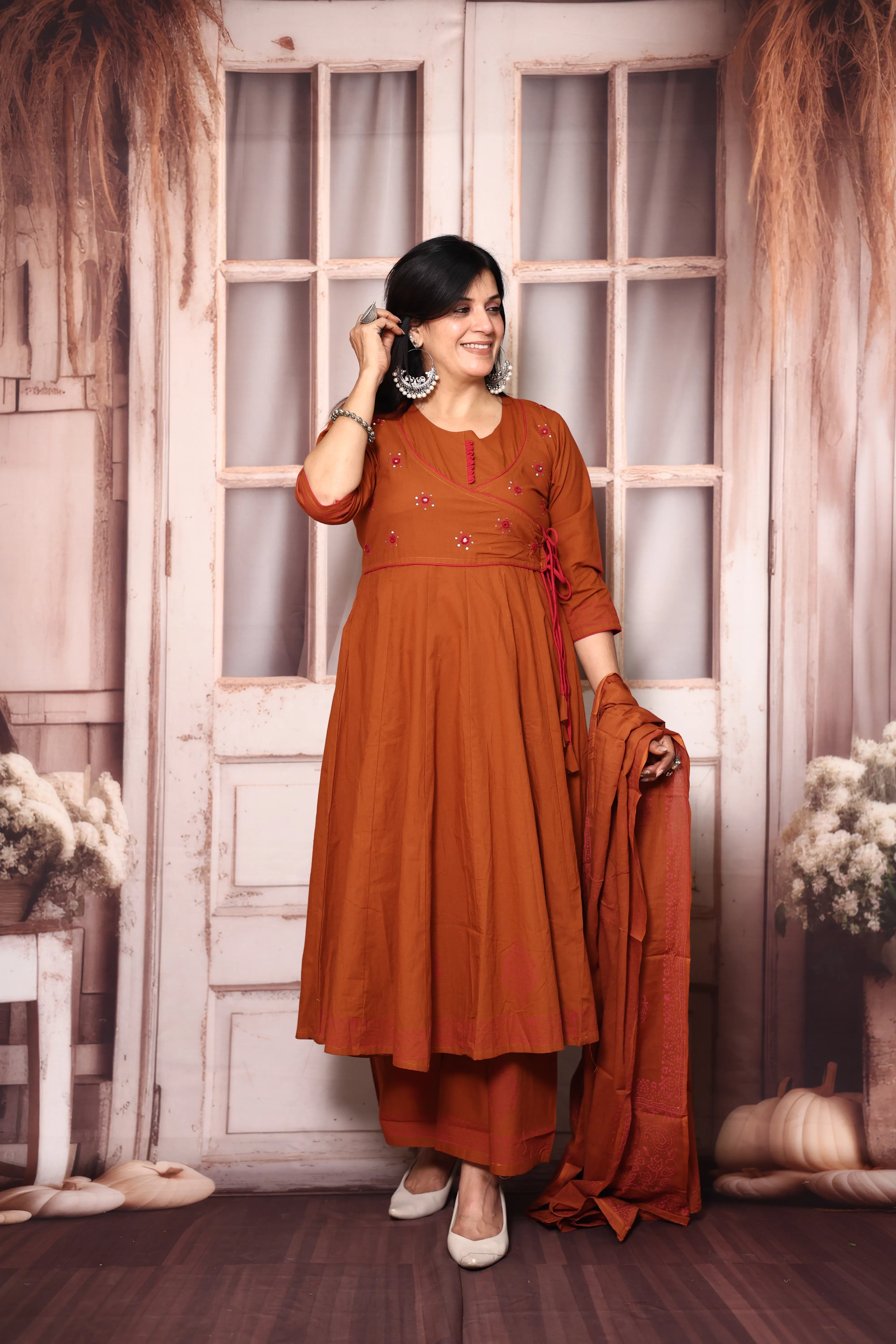 Rust Angrakha Style Anarkali Kurta Pant Set with Dupatta | Cotton Ethnic Wear