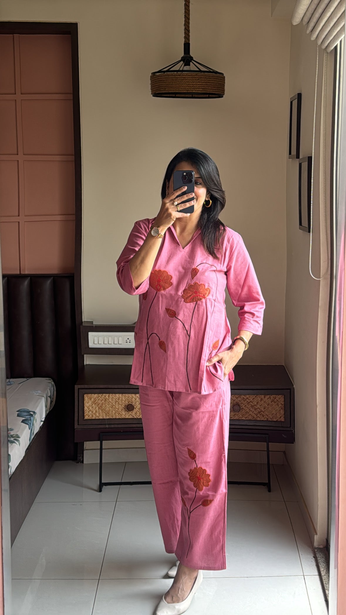 Pink Collared Top with Palazzo Co-ord Set | Floral Applique Work | Cotton Flex