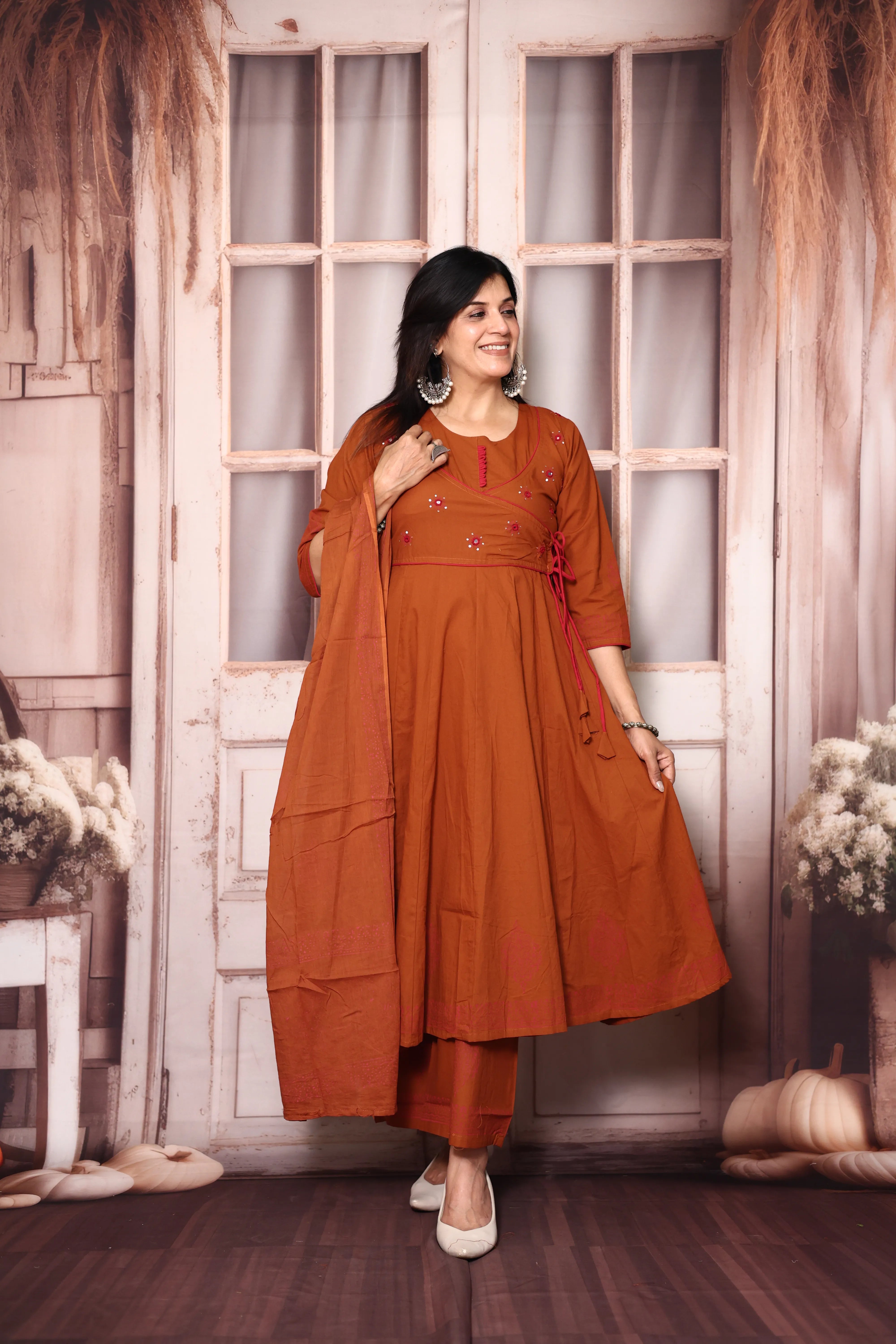 Rust Angrakha Style Anarkali Kurta Pant Set with Dupatta | Cotton Ethnic Wear