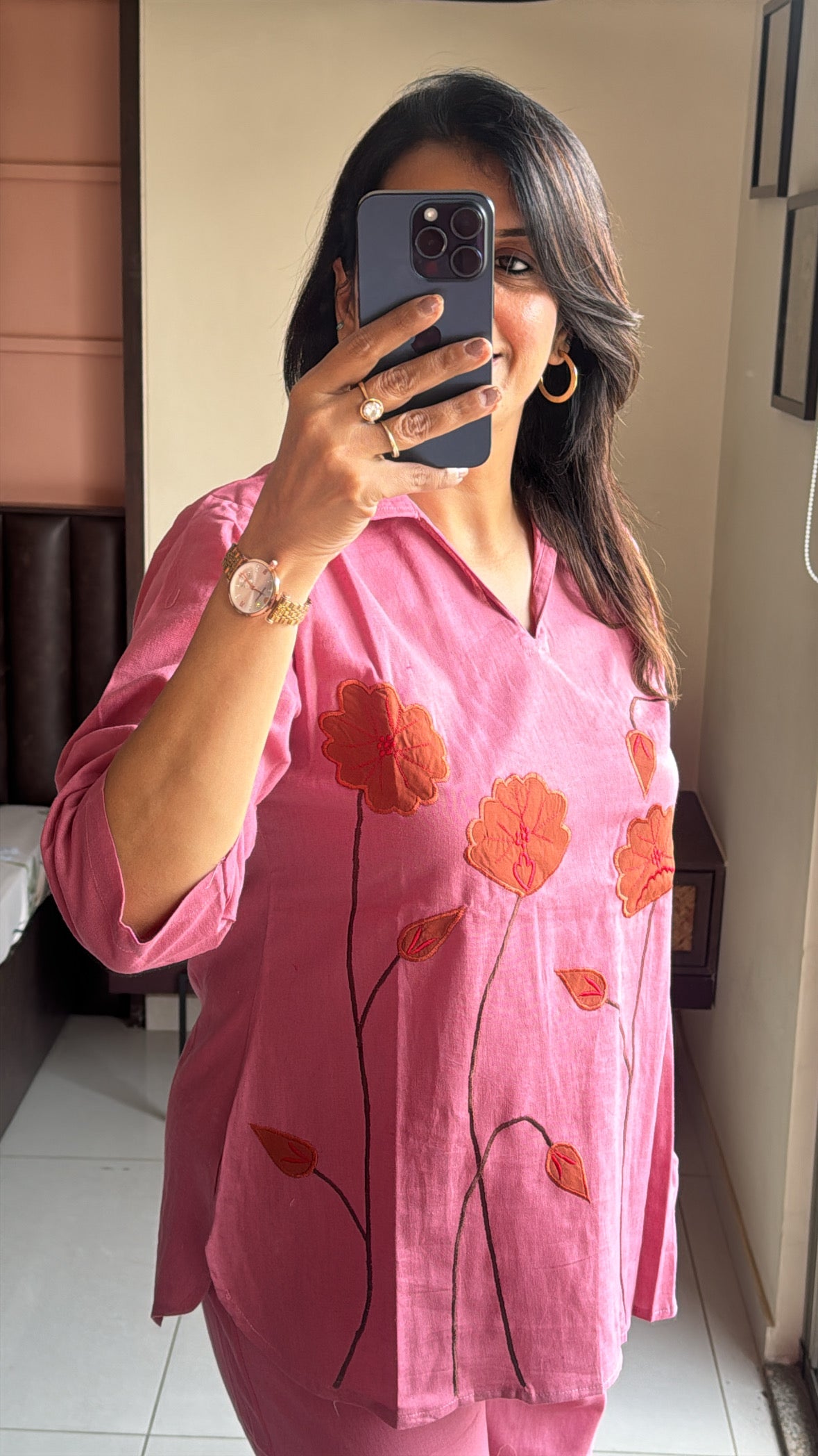 Pink Collared Top with Palazzo Co-ord Set | Floral Applique Work | Cotton Flex