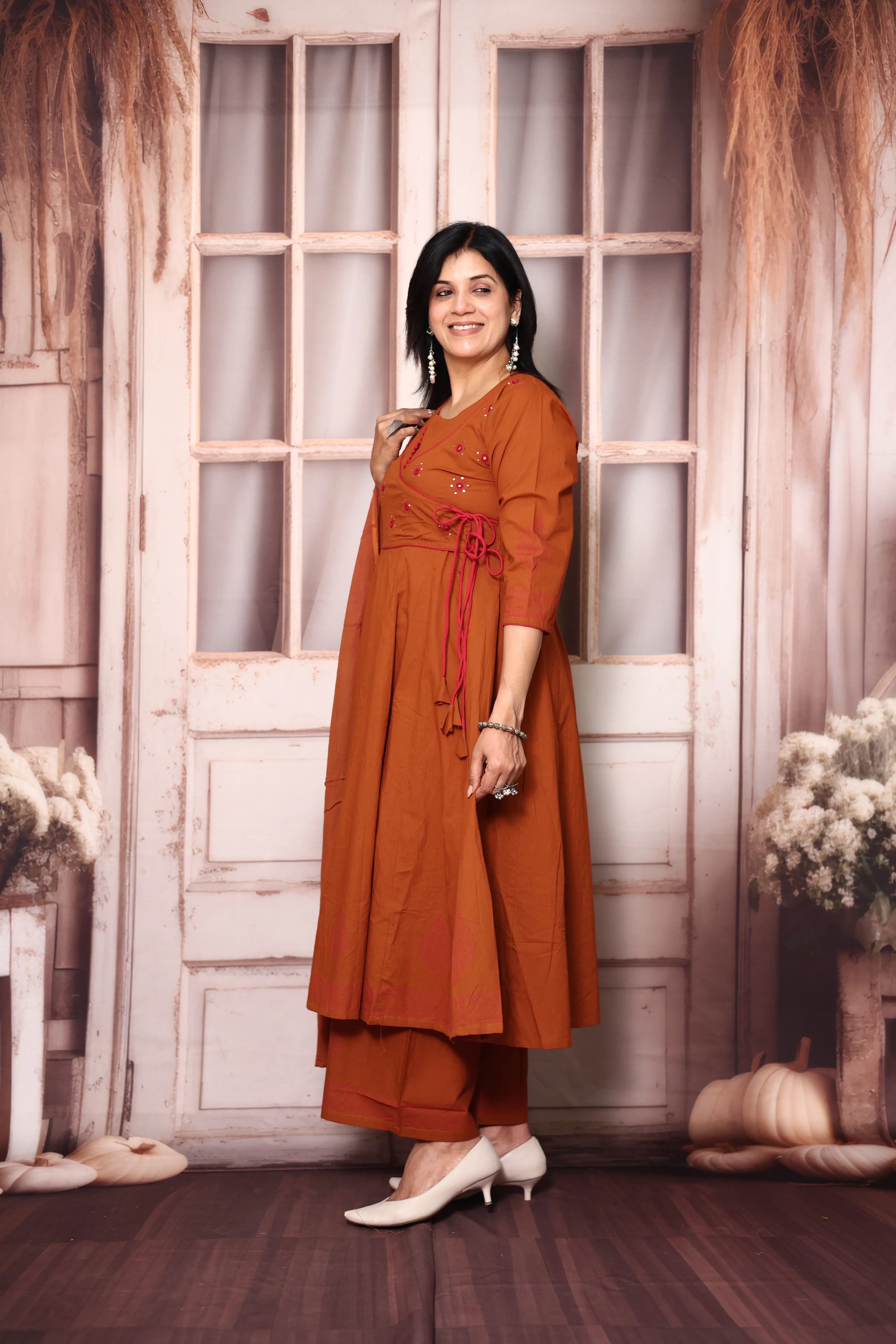 Rust Angrakha Style Anarkali Kurta Pant Set with Dupatta | Cotton Ethnic Wear