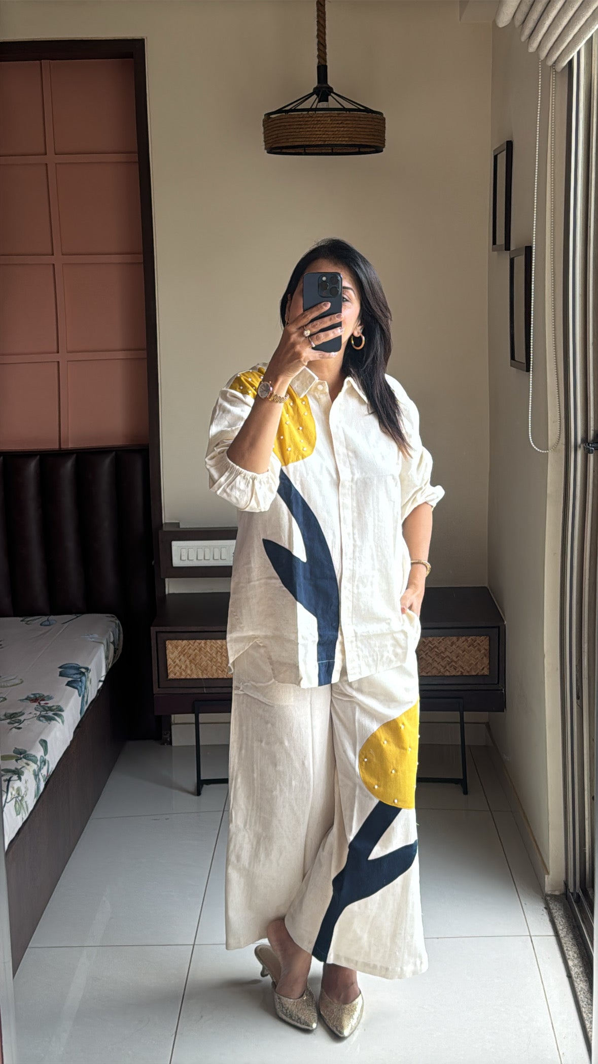 Off White Collared Top with Palazzo Co-ord Set | Pearl & Applique Work | Cotton Flex