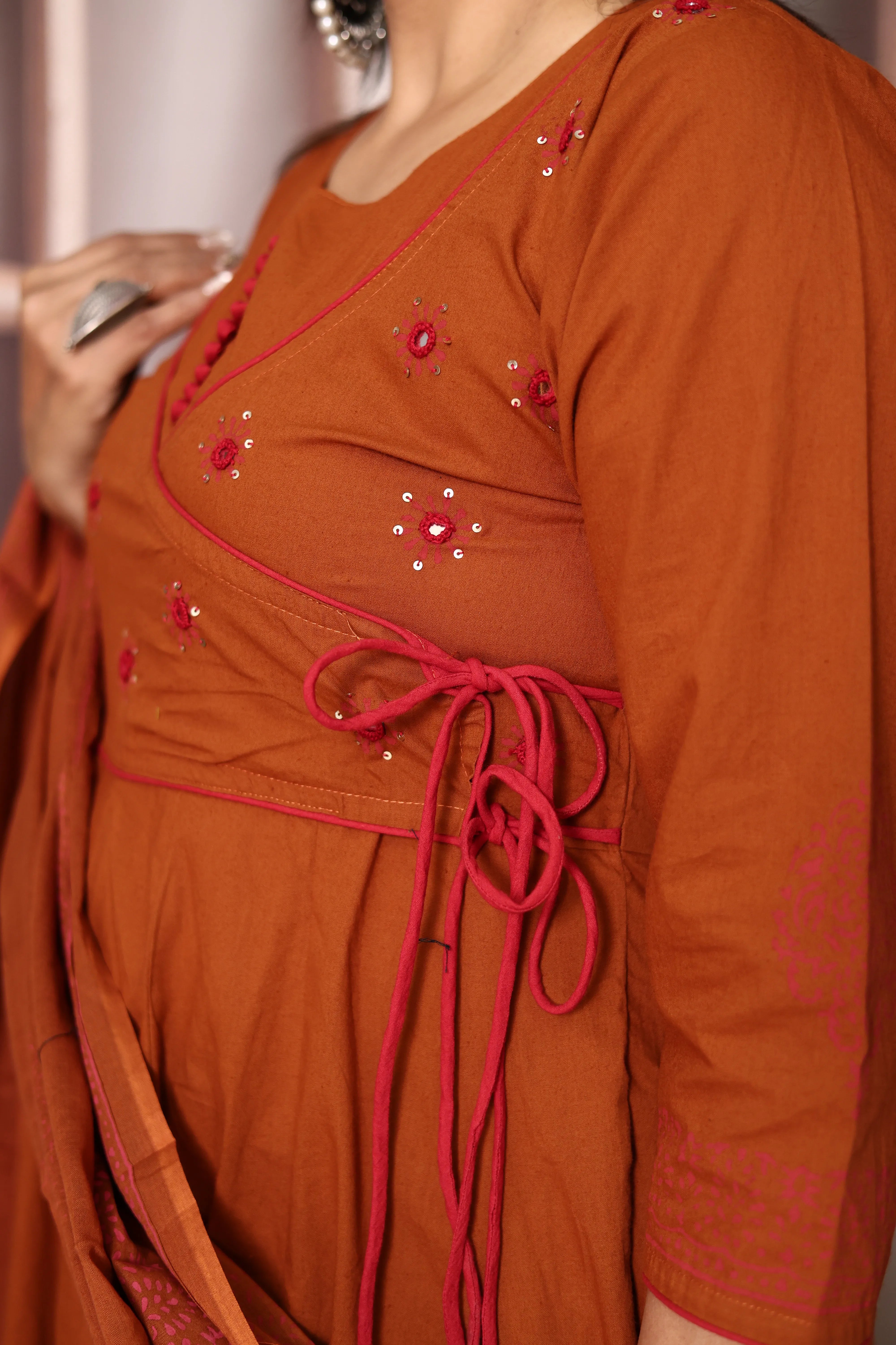 Rust Angrakha Style Anarkali Kurta Pant Set with Dupatta | Cotton Ethnic Wear