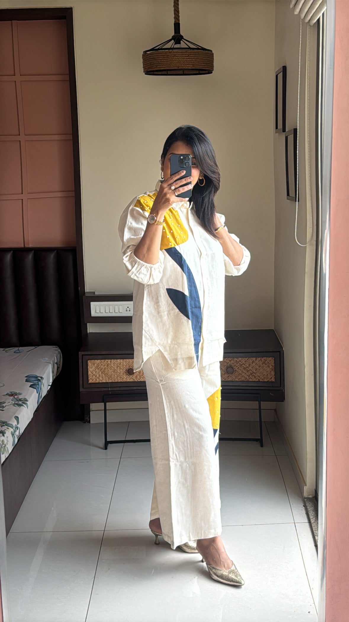 Off White Collared Top with Palazzo Co-ord Set | Pearl & Applique Work | Cotton Flex