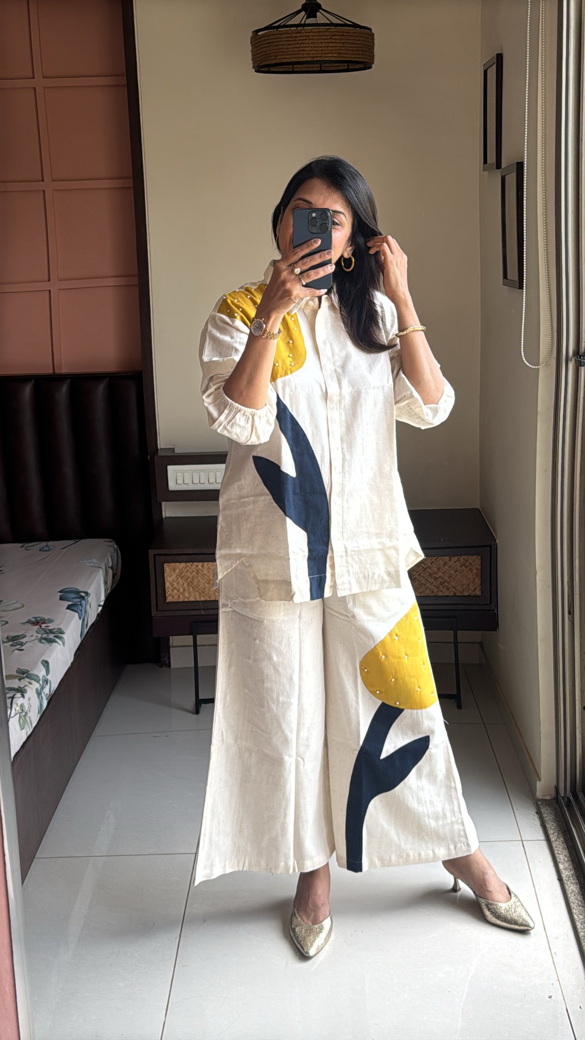 Off White Collared Top with Palazzo Co-ord Set | Pearl & Applique Work | Cotton Flex