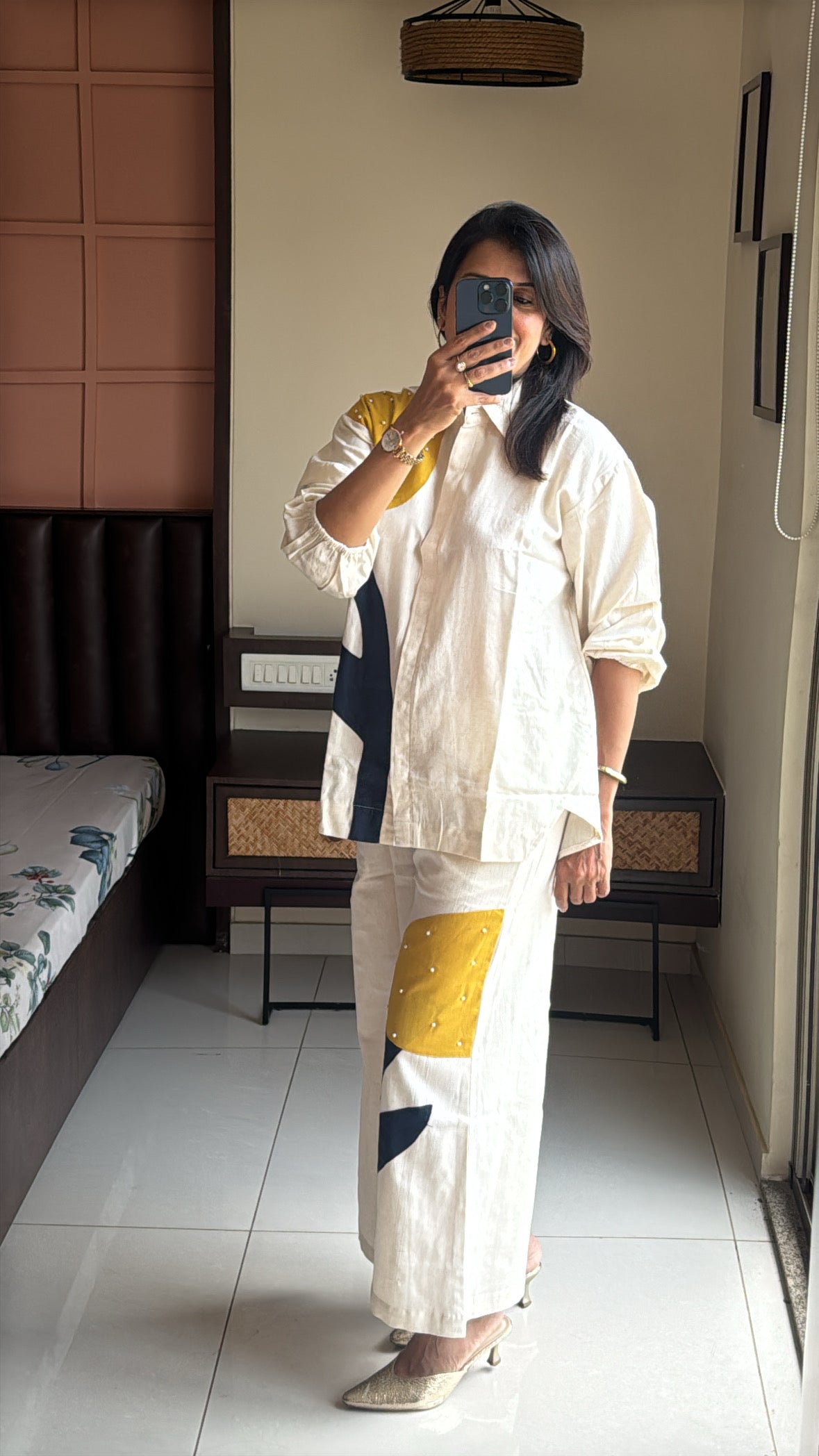 Off White Collared Top with Palazzo Co-ord Set | Pearl & Applique Work | Cotton Flex