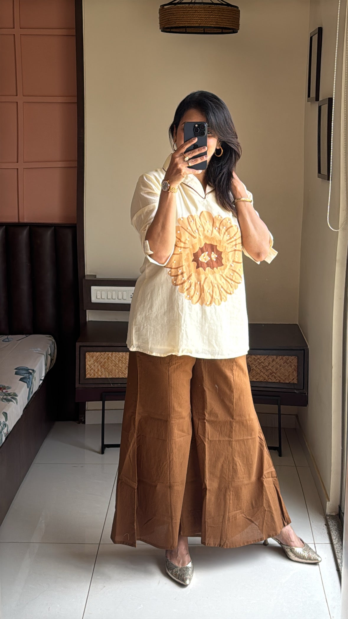 Cream & Brown Collared Top with Boot Cut Pant Co-ord Set | Pearl Work & Floral Print | Pure Mul Mul