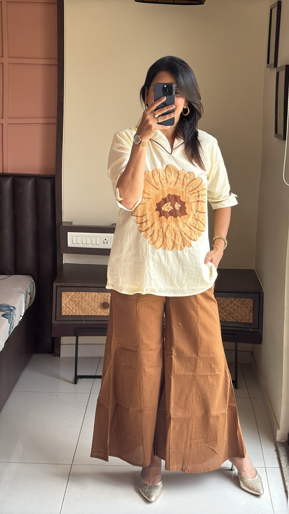 Cream & Brown Collared Top with Boot Cut Pant Co-ord Set | Pearl Work & Floral Print | Pure Mul Mul
