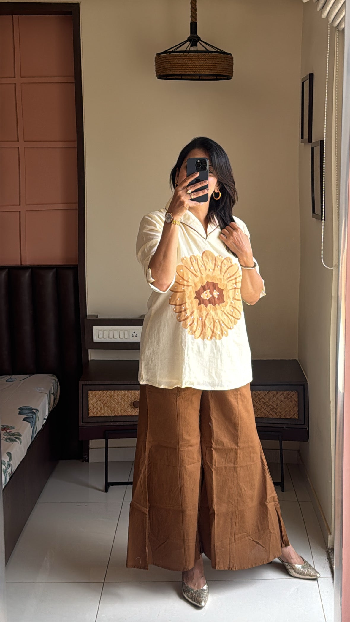 Cream & Brown Collared Top with Boot Cut Pant Co-ord Set | Pearl Work & Floral Print | Pure Mul Mul