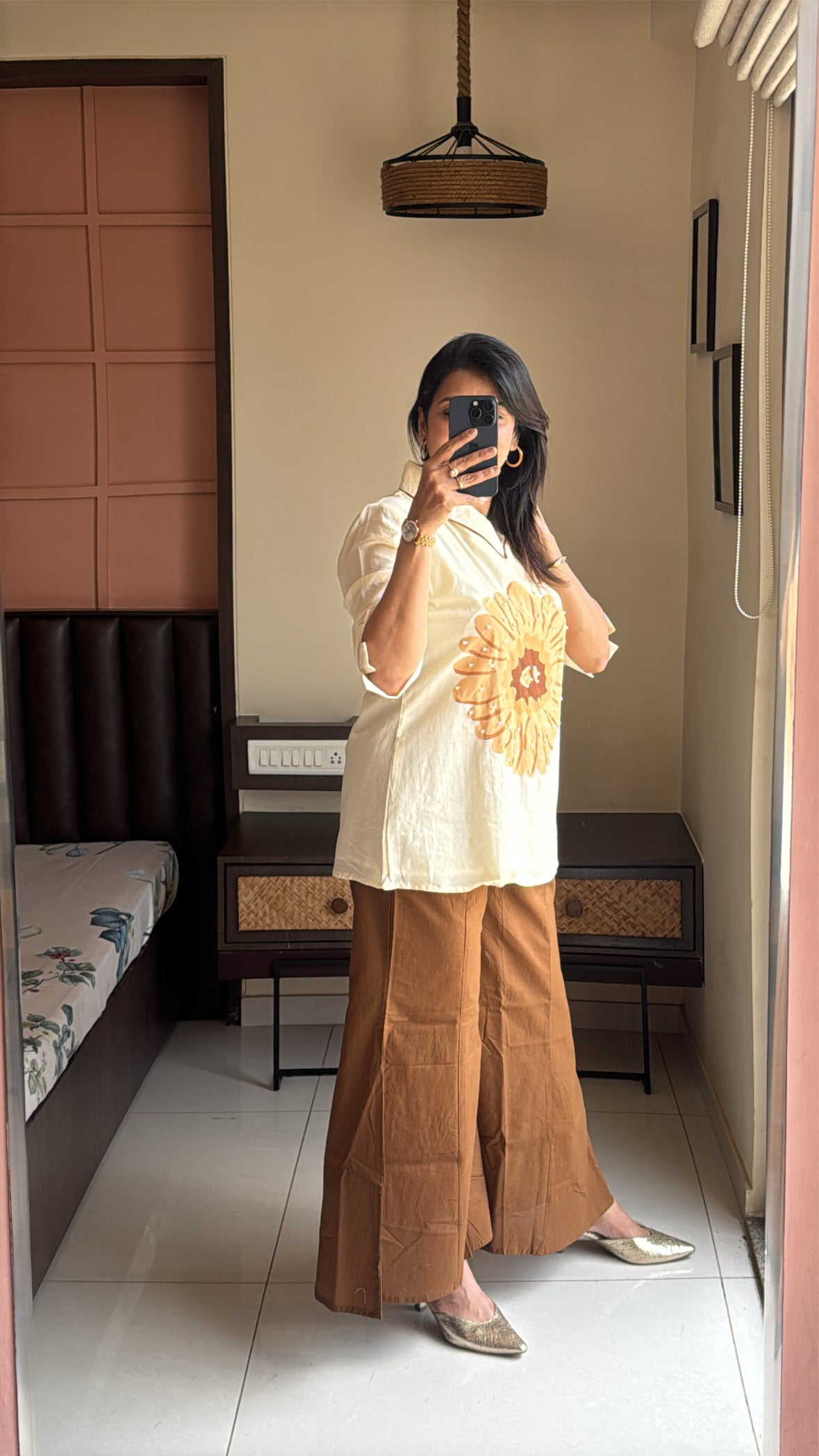 Cream & Brown Collared Top with Boot Cut Pant Co-ord Set | Pearl Work & Floral Print | Pure Mul Mul
