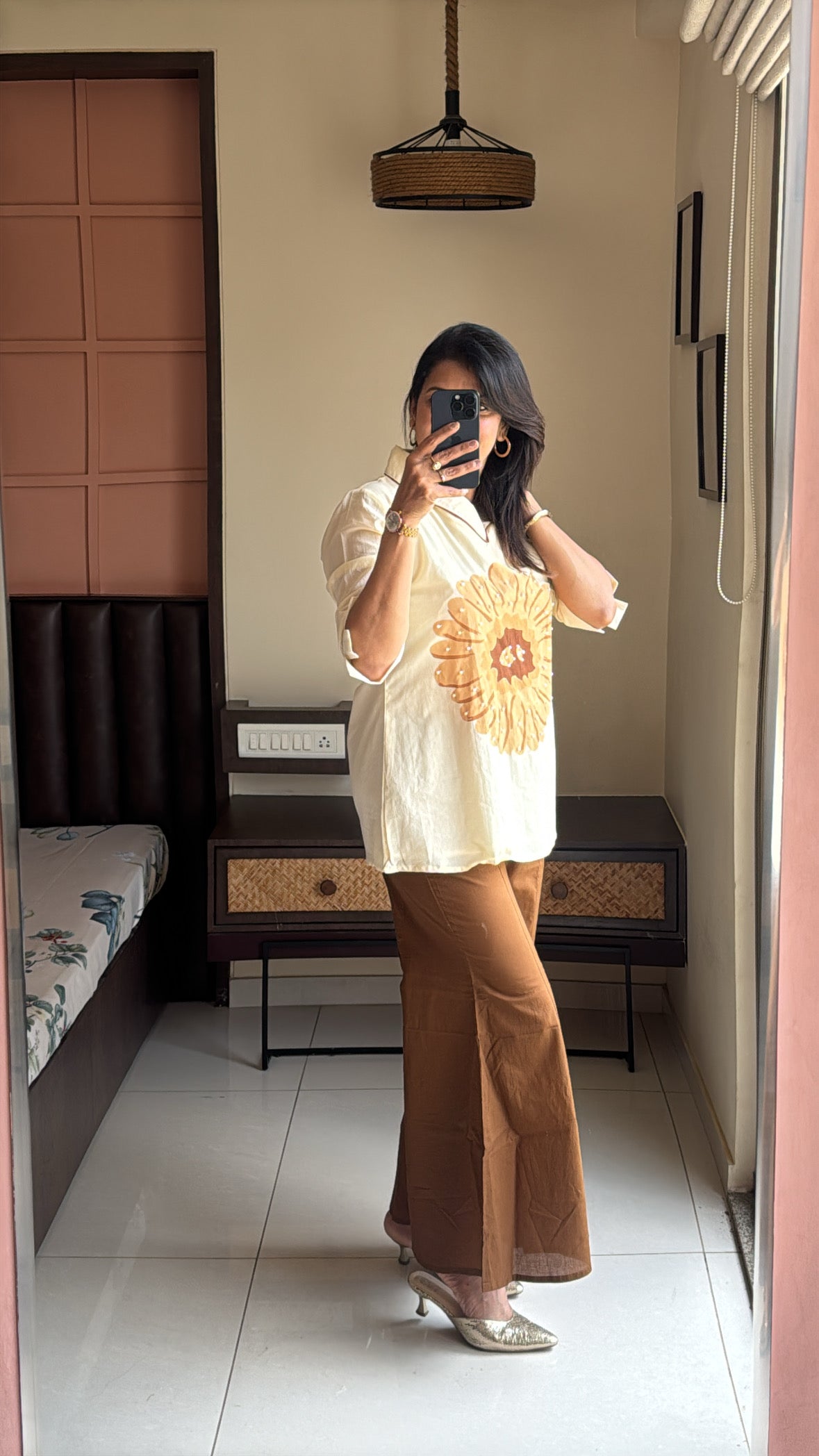 Cream & Brown Collared Top with Boot Cut Pant Co-ord Set | Pearl Work & Floral Print | Pure Mul Mul
