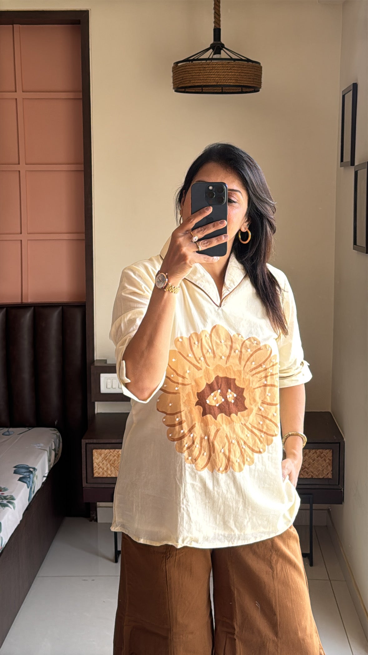 Cream & Brown Collared Top with Boot Cut Pant Co-ord Set | Pearl Work & Floral Print | Pure Mul Mul