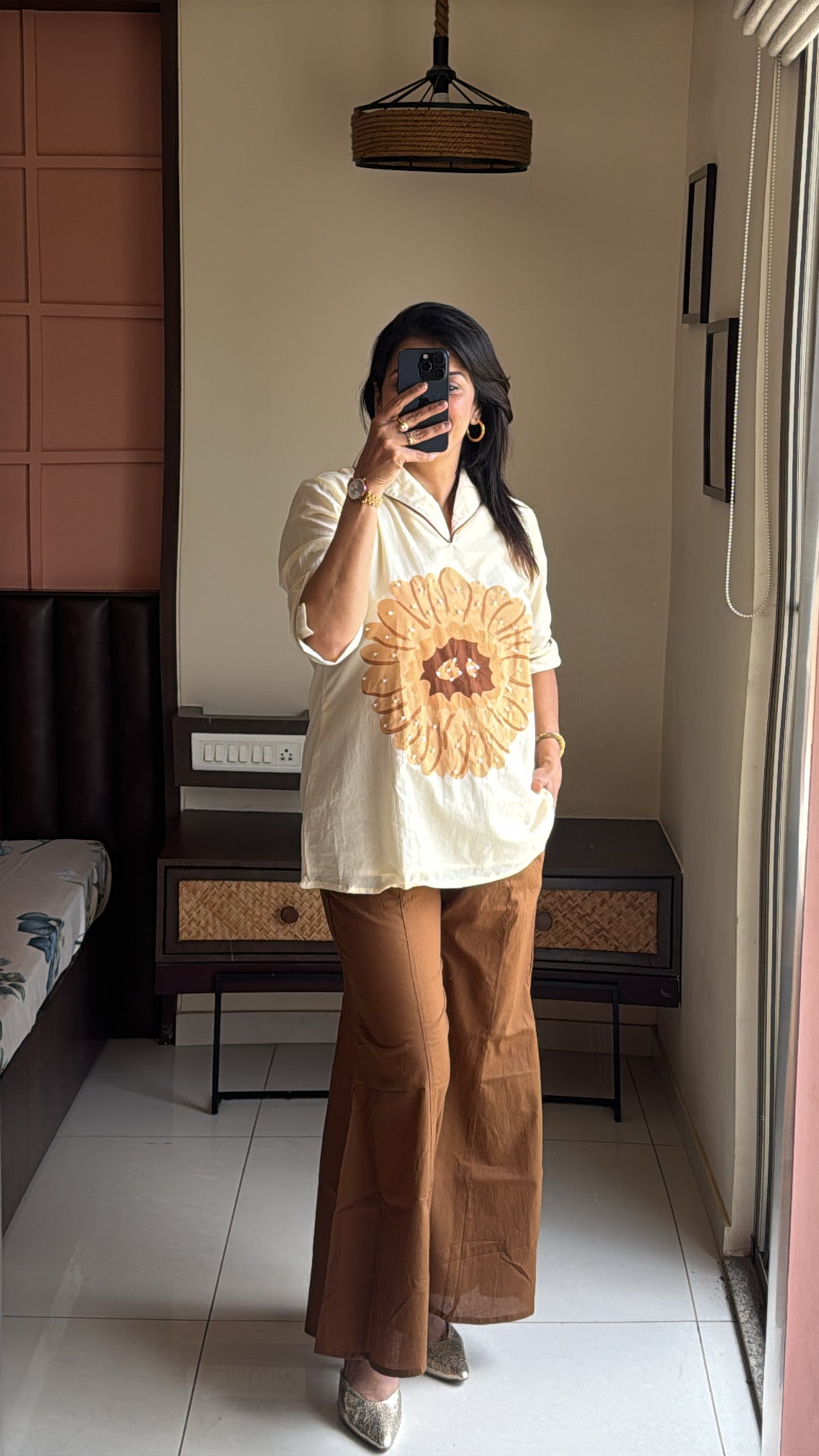 Cream & Brown Collared Top with Boot Cut Pant Co-ord Set | Pearl Work & Floral Print | Pure Mul Mul