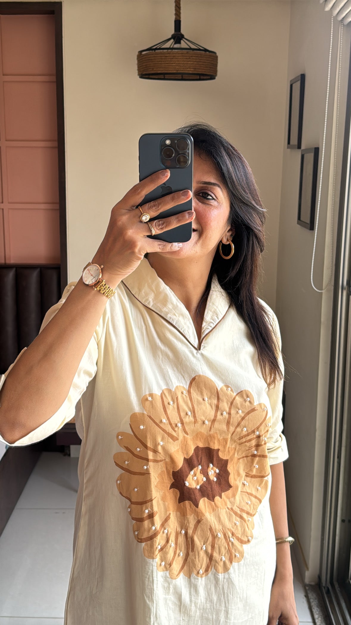 Cream & Brown Collared Top with Boot Cut Pant Co-ord Set | Pearl Work & Floral Print | Pure Mul Mul