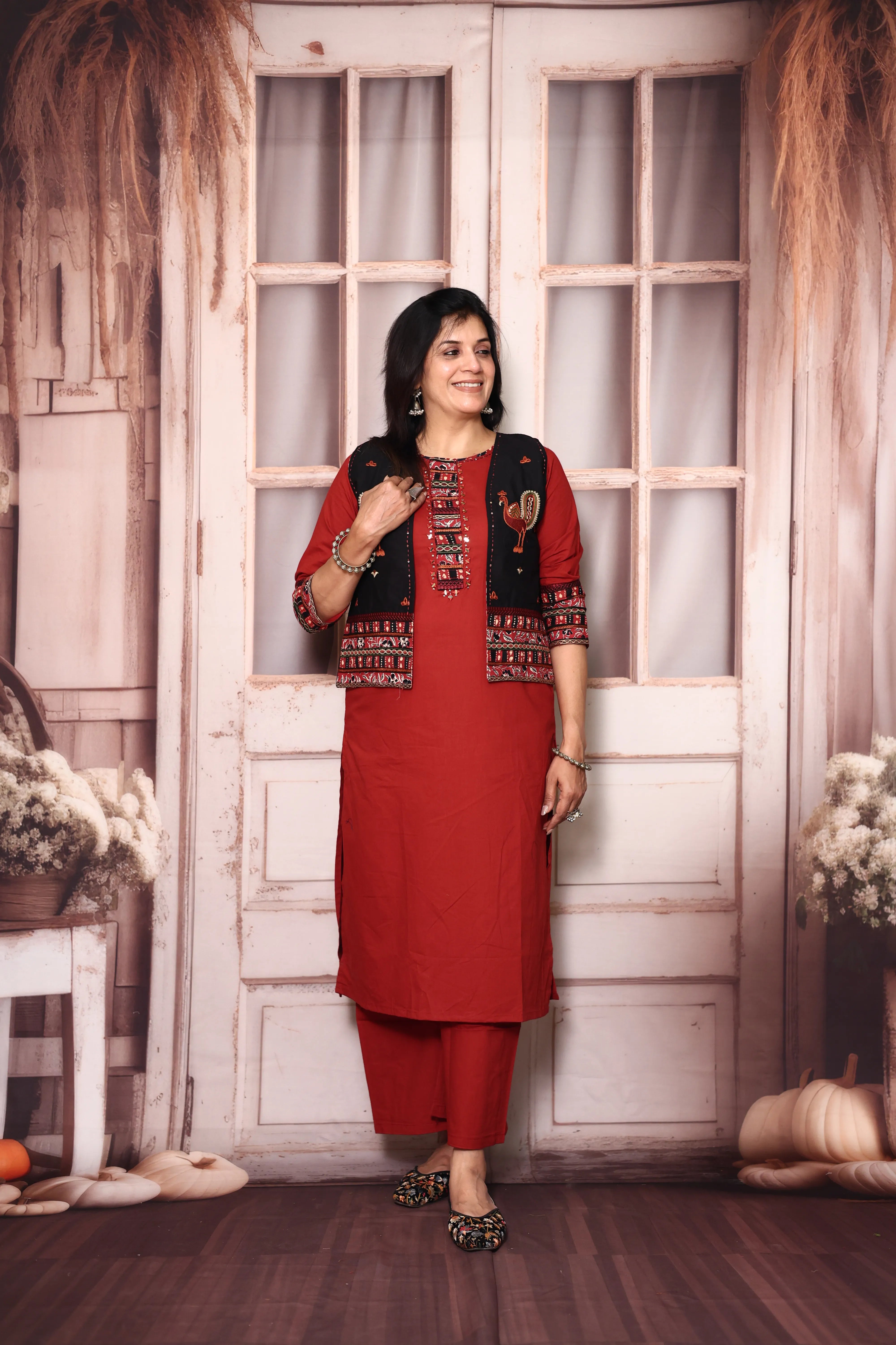 Cherry Red Cotton Straight Kurti Palazzo Set with Embroidered Jacket