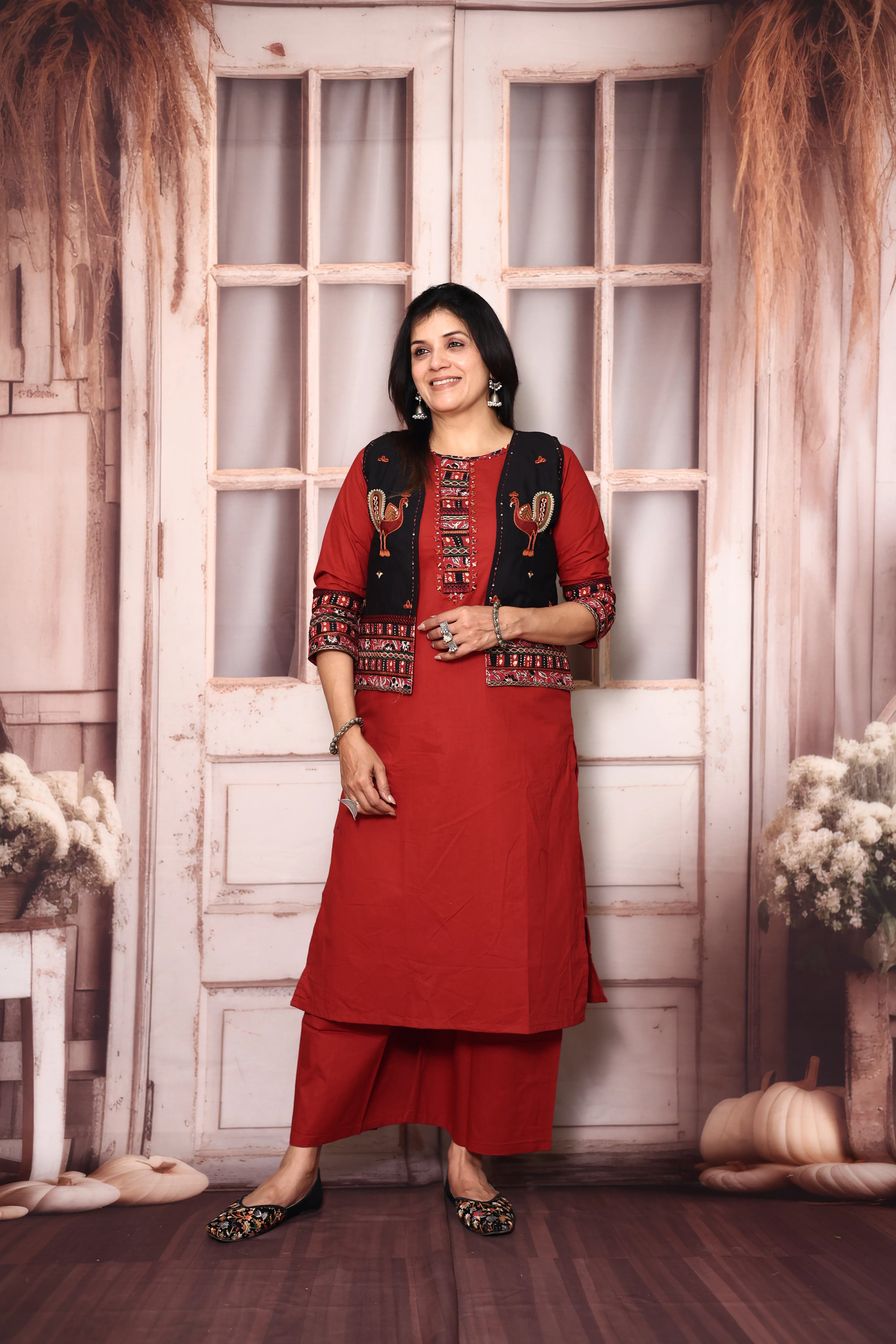 Cherry Red Cotton Straight Kurti Palazzo Set with Embroidered Jacket
