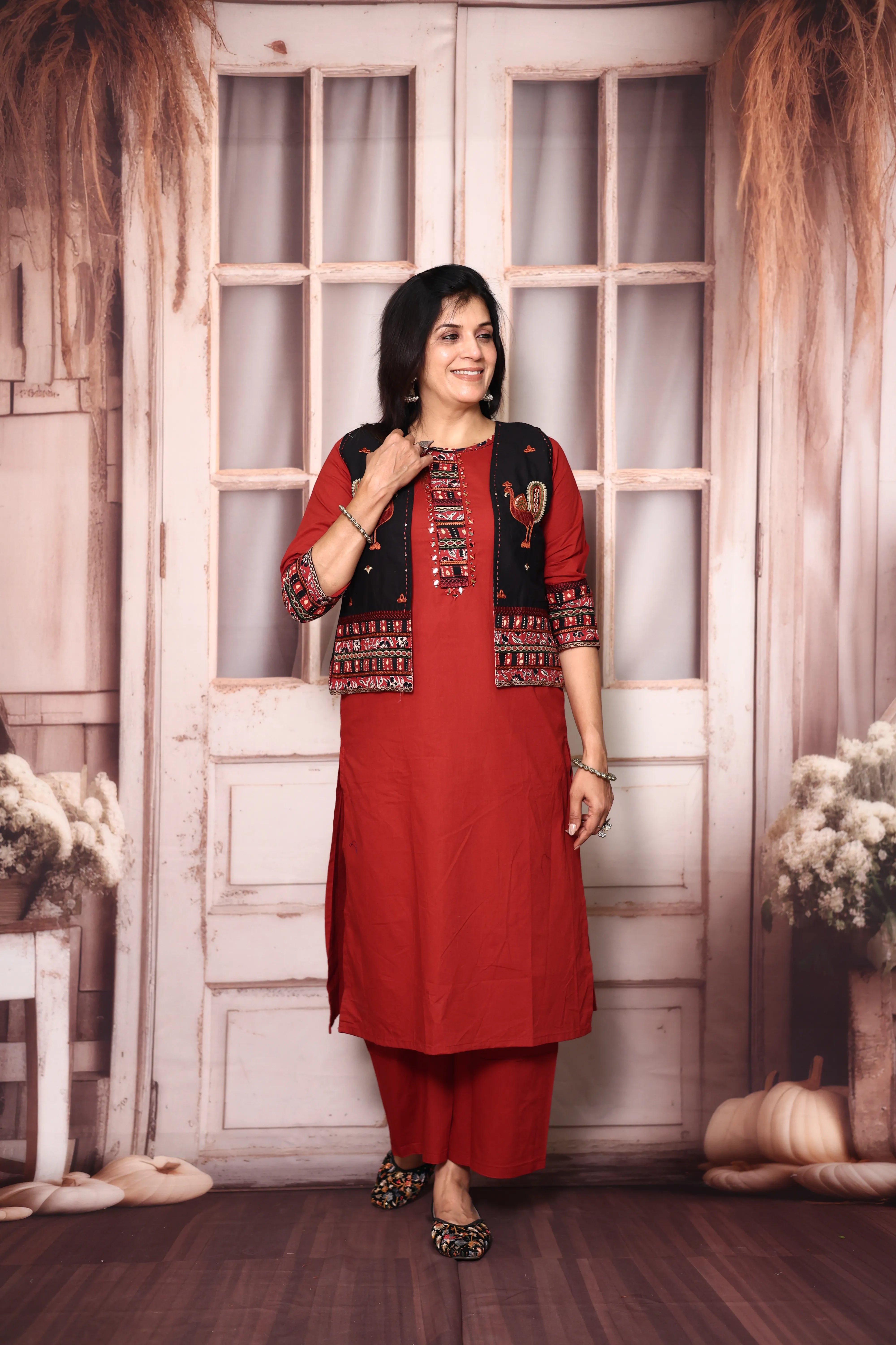 Cherry Red Cotton Straight Kurti Palazzo Set with Embroidered Jacket