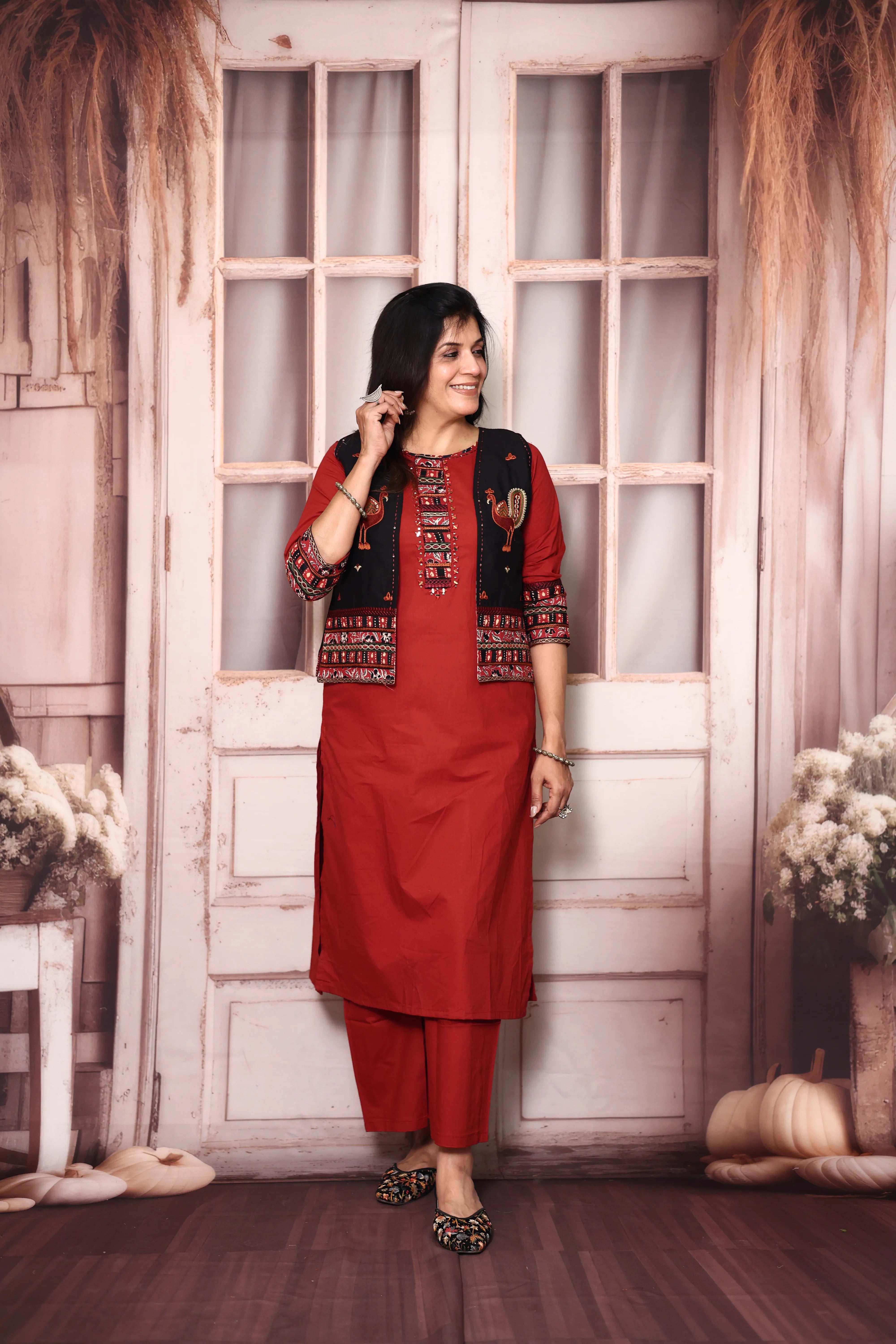 Cherry Red Cotton Straight Kurti Palazzo Set with Embroidered Jacket