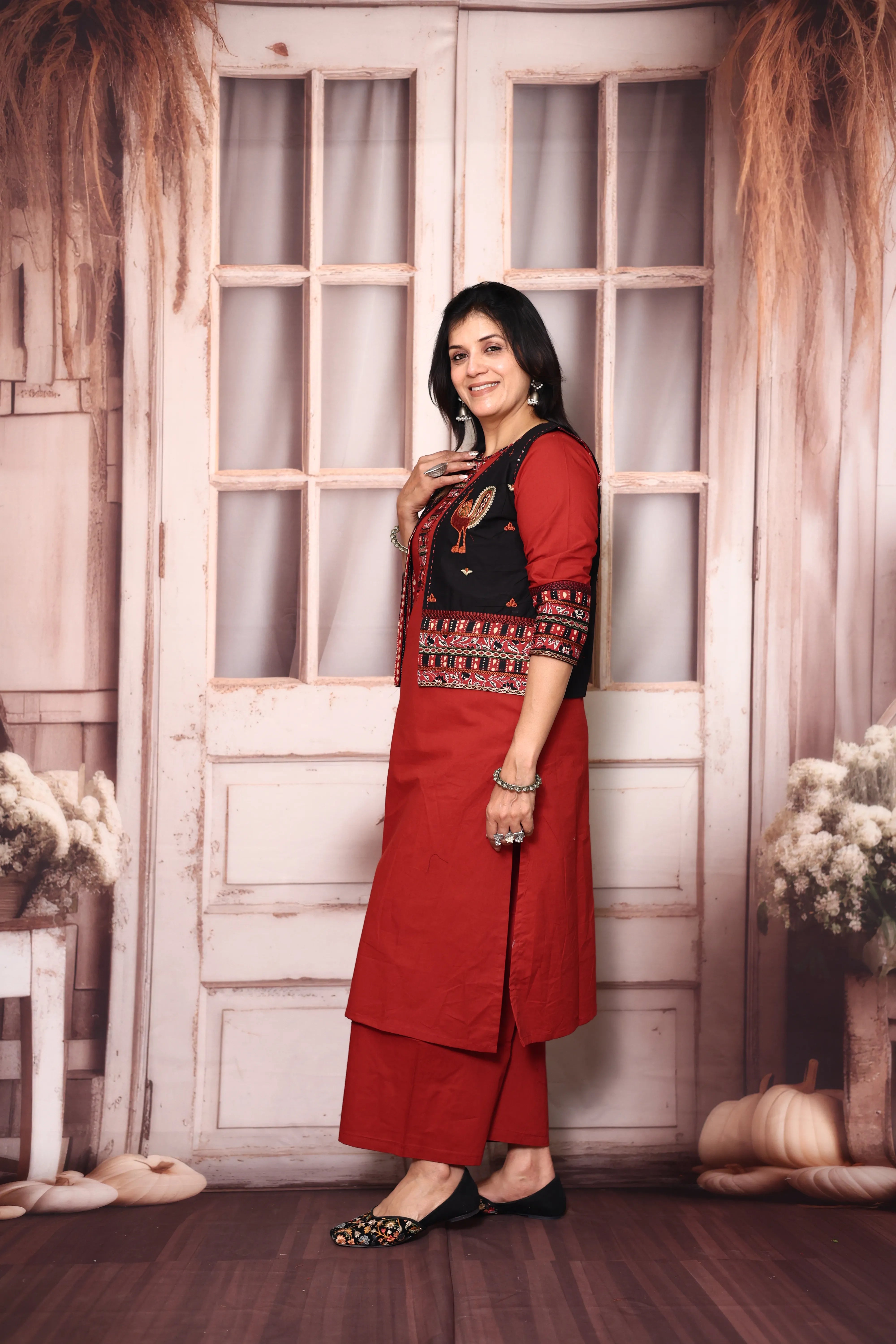 Cherry Red Cotton Straight Kurti Palazzo Set with Embroidered Jacket
