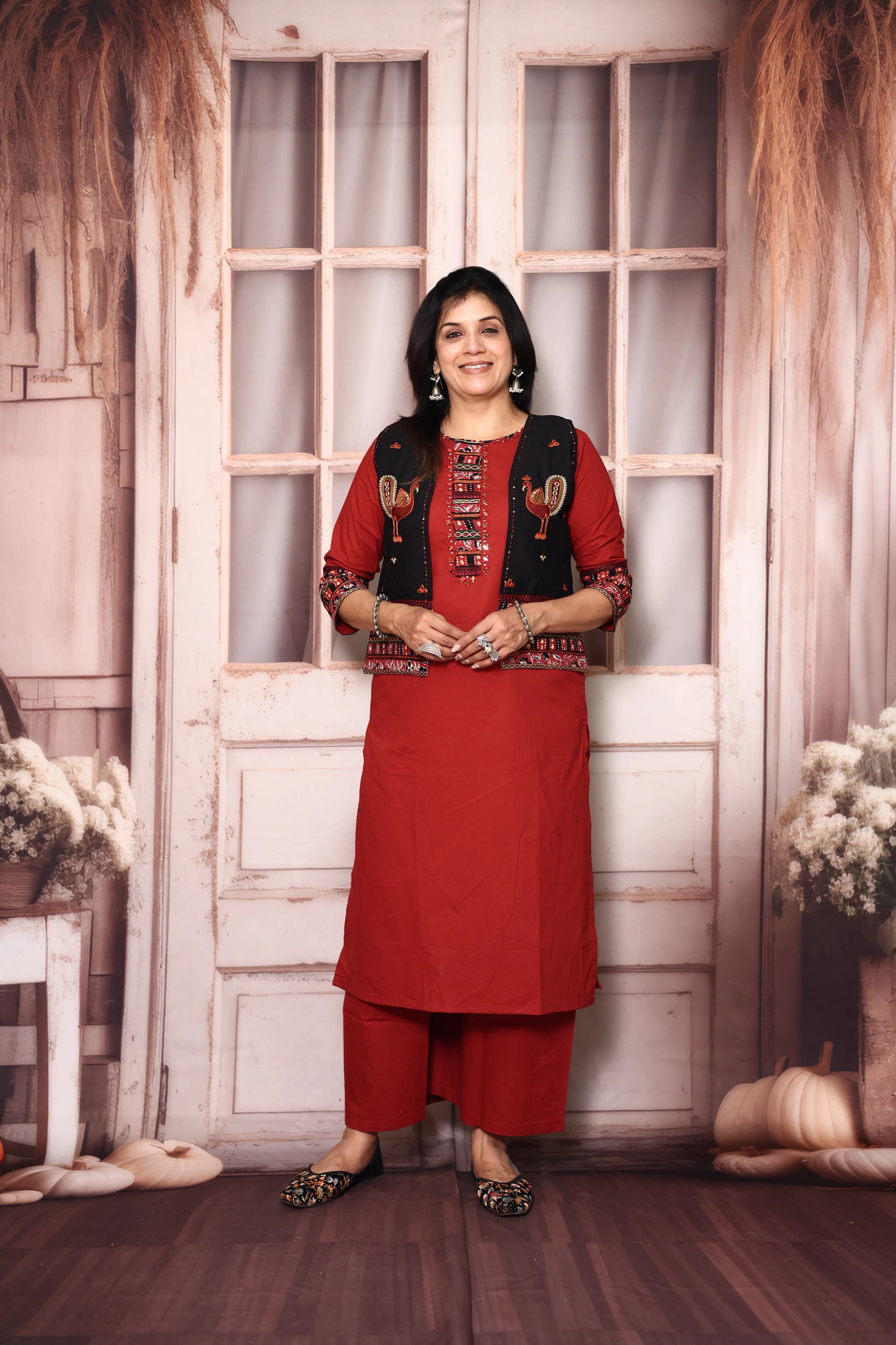 Cherry Red Cotton Straight Kurti Palazzo Set with Embroidered Jacket