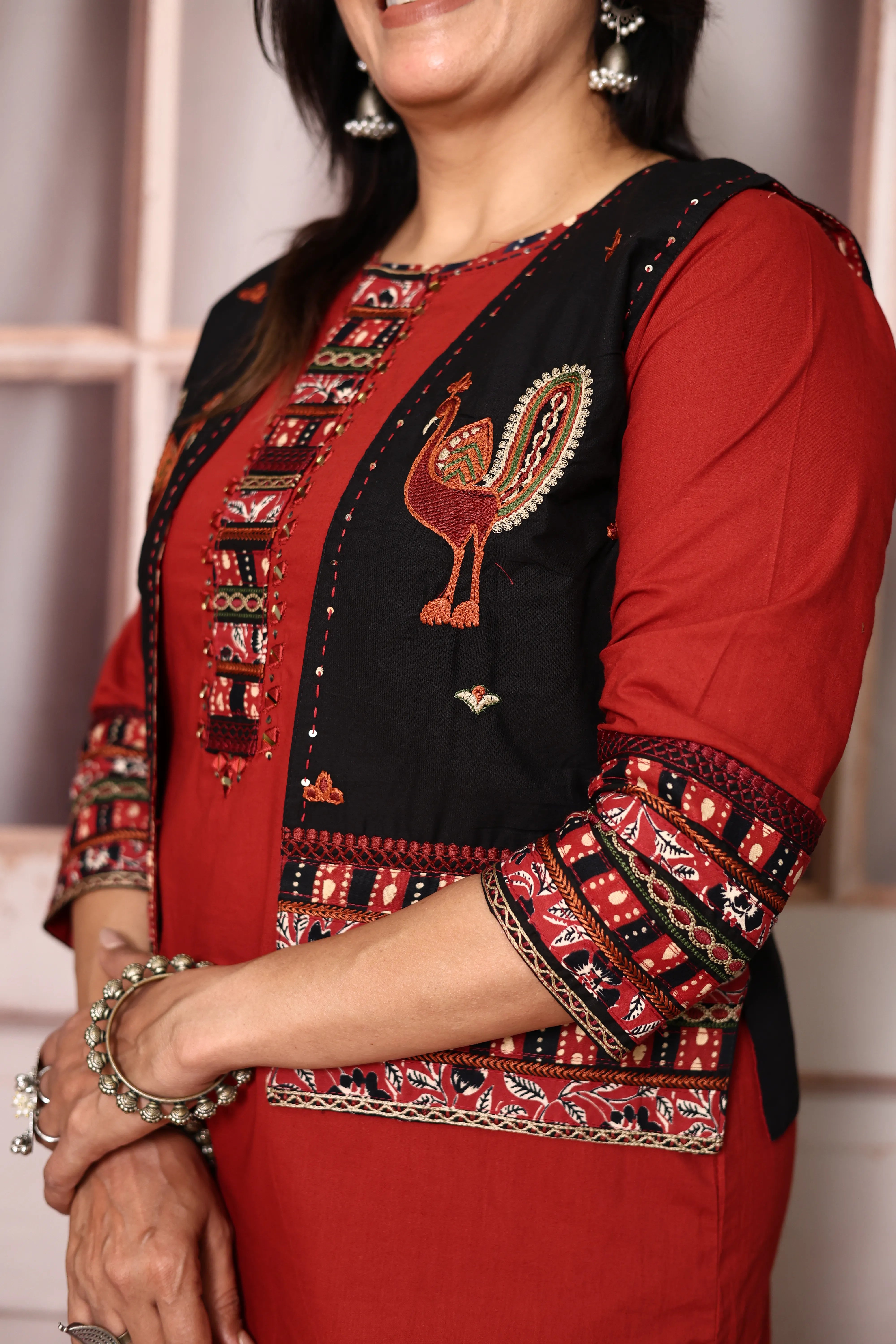 Cherry Red Cotton Straight Kurti Palazzo Set with Embroidered Jacket