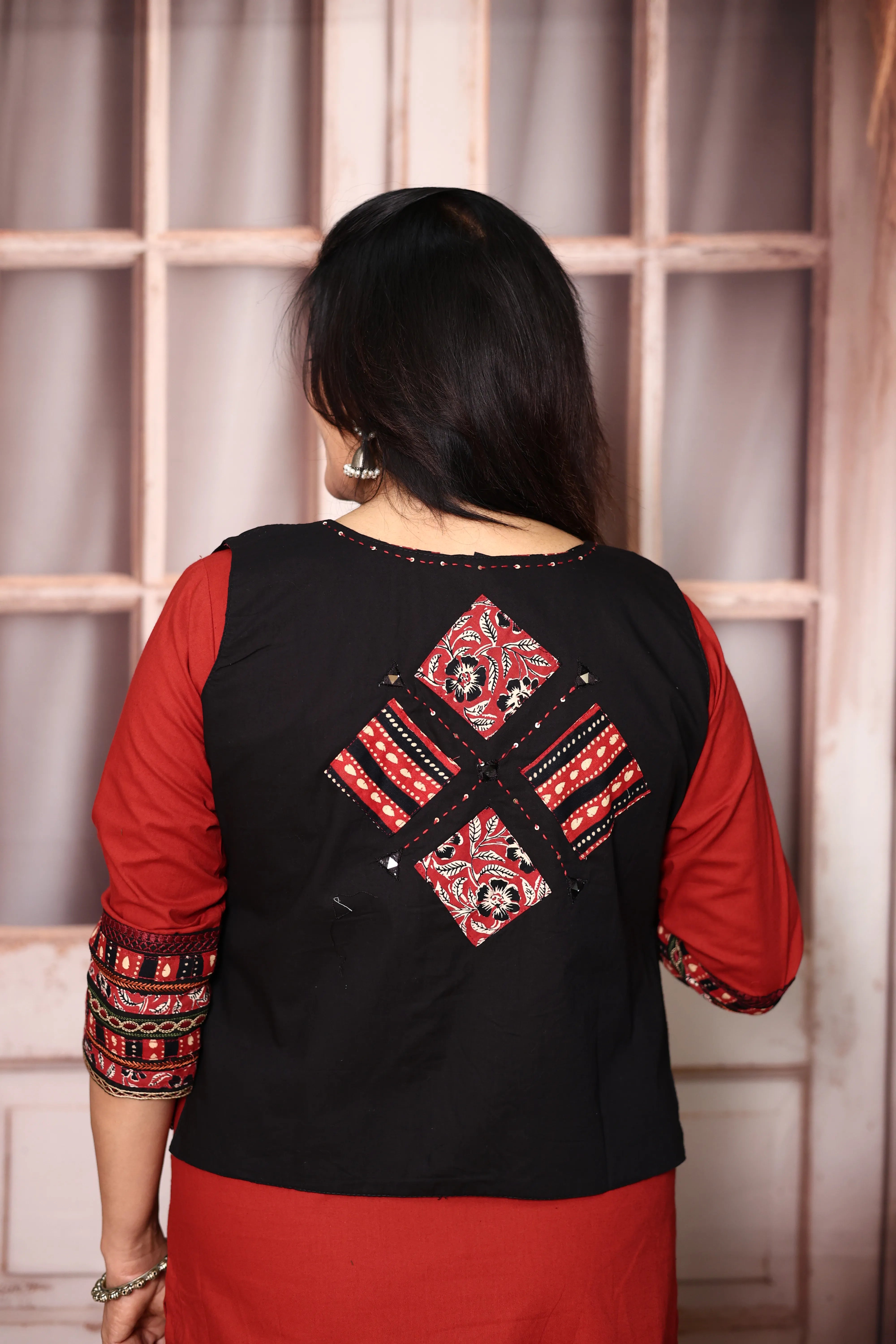 Cherry Red Cotton Straight Kurti Palazzo Set with Embroidered Jacket